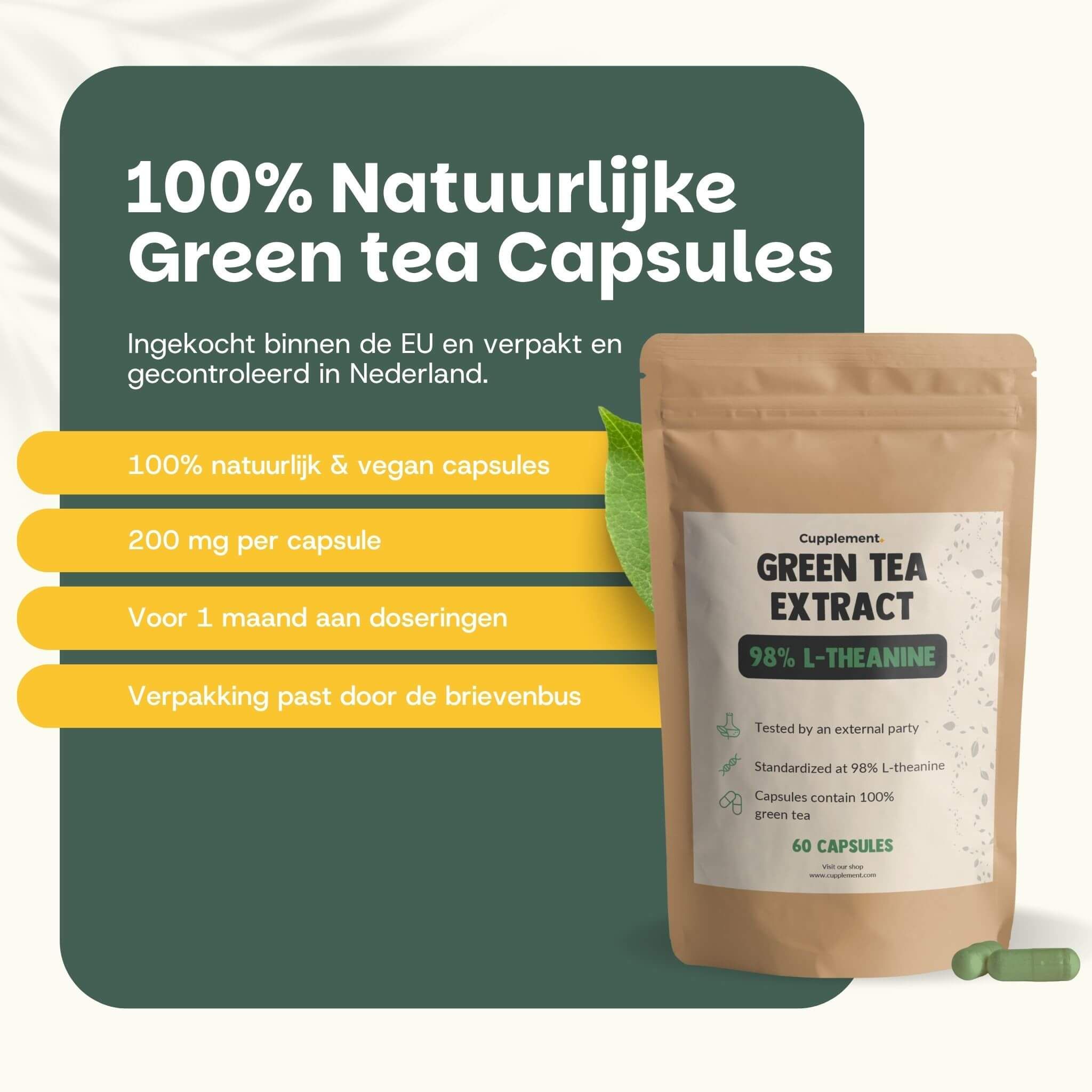 Twee zakjes. Links: kraft papieren zakje. Rechts: plastic verpakking. Tekst: Waarom kiezen voor onze groene thee capsules?