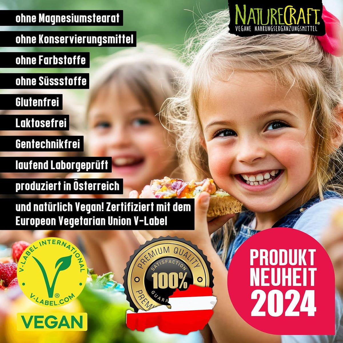 Twee lachende kinderen. Tekst: zonder magnesiumstearaat, conserveermiddelen, kleurstoffen, zoetstoffen. V-Label Vegan.