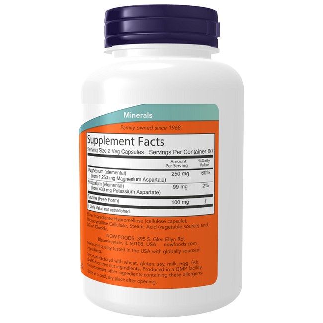 Now Foods Magnésium & Potassium Aspartate. Informations sur le supplément : 120 gélules végétales, 60 portions. Contient de l'aspartate de magnésium et de potassium.