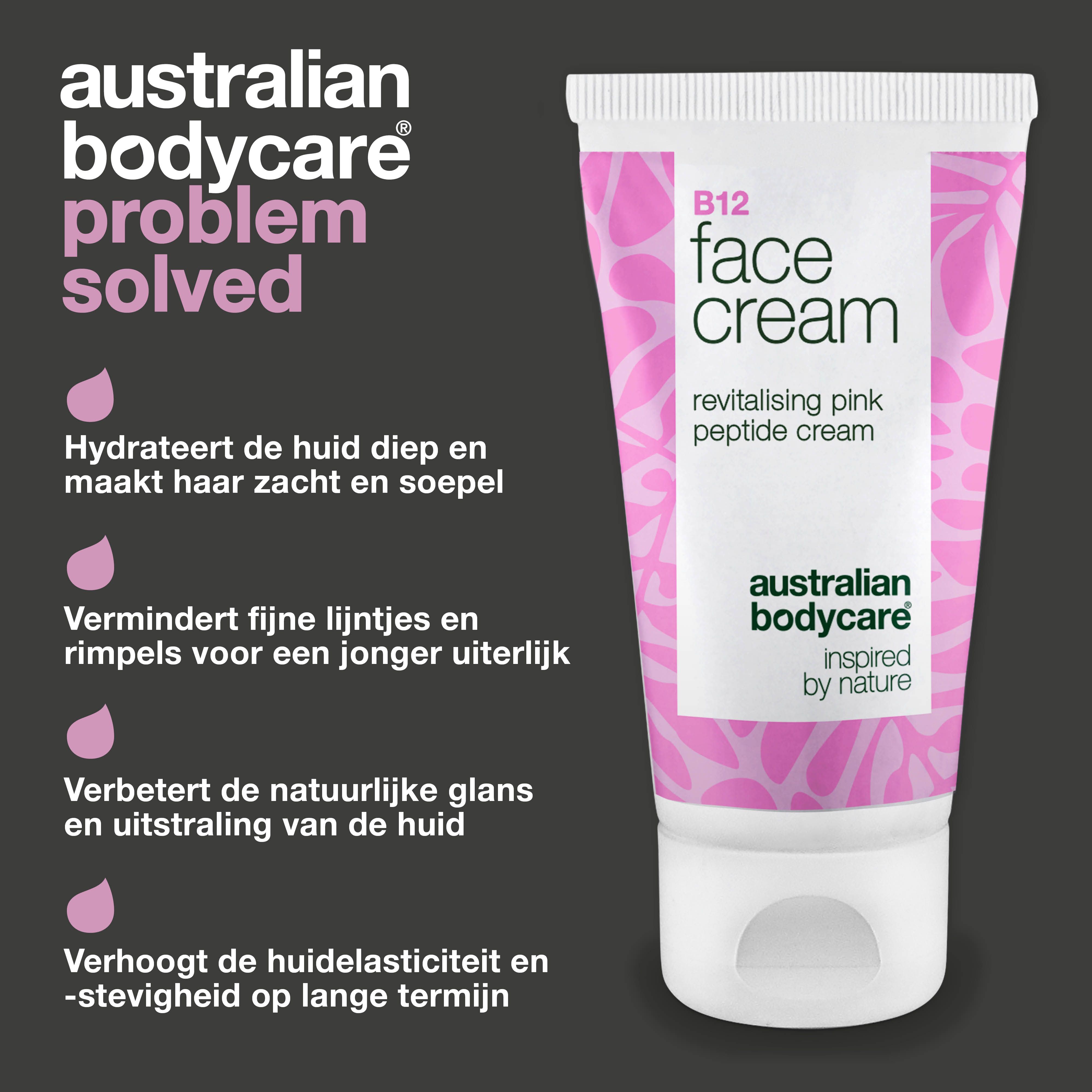 Tube B12 Face Cream. Opschrift: Face Cream, Australian Bodycare. Tekst over voordelen: hydratatie, etc. Roze druppels.