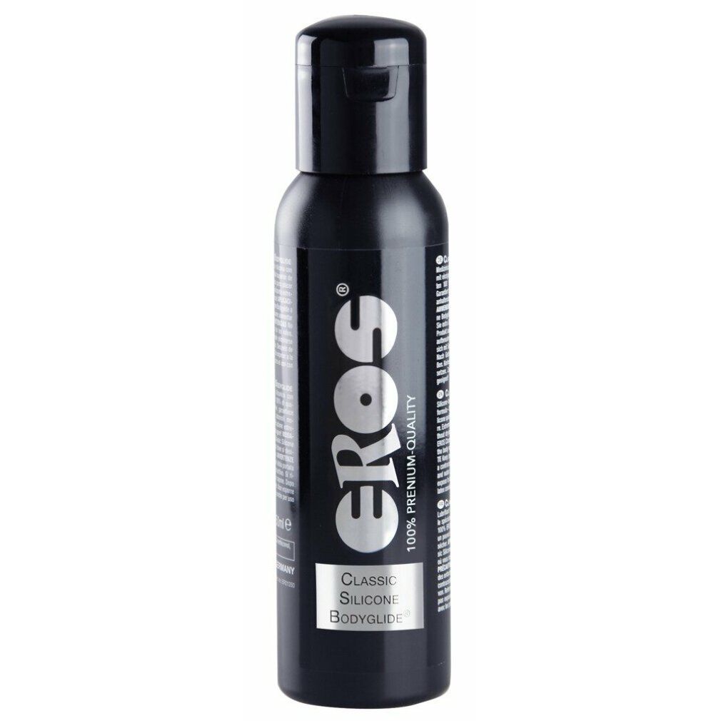 Zwarte fles met Eros Bodyglide Classic Silicone opdruk.