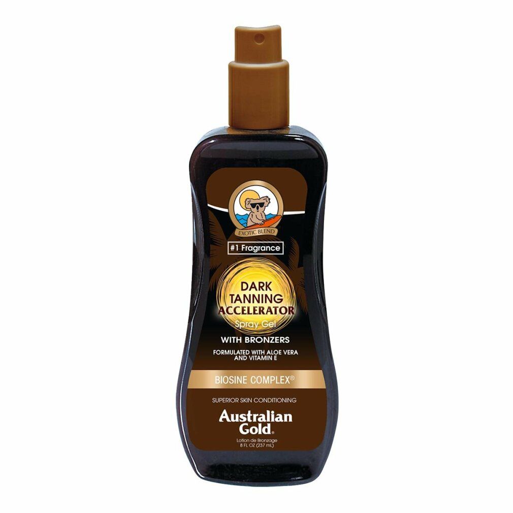 Gel spray foncé avec bronzer. Bouteille avec bouchon pulvérisateur marron. Inscription: Australian Gold, Dark Tanning Accelerator.