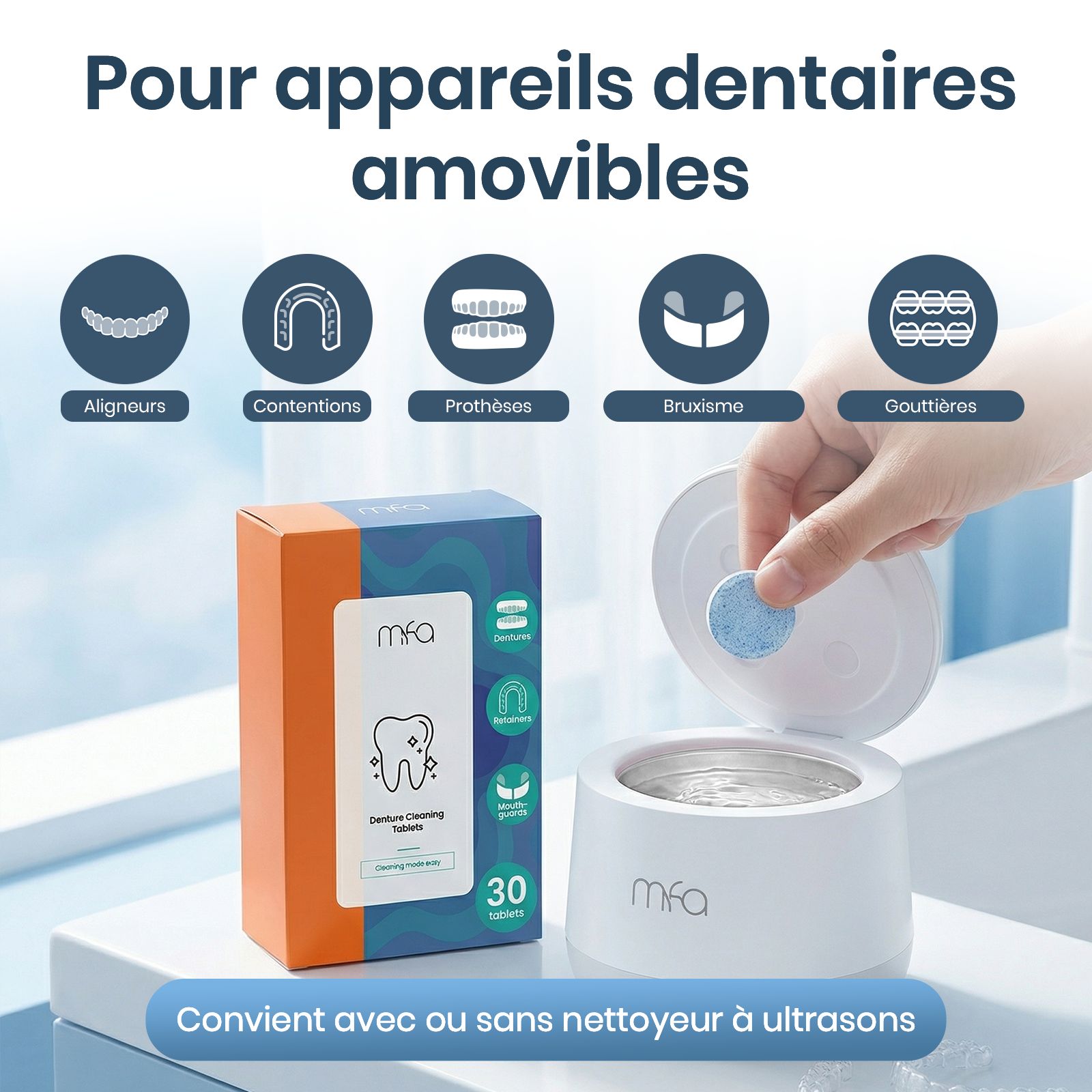 mfa® Comprimés de nettoyage pour prothèses dentaires, gouttières & aligneurs