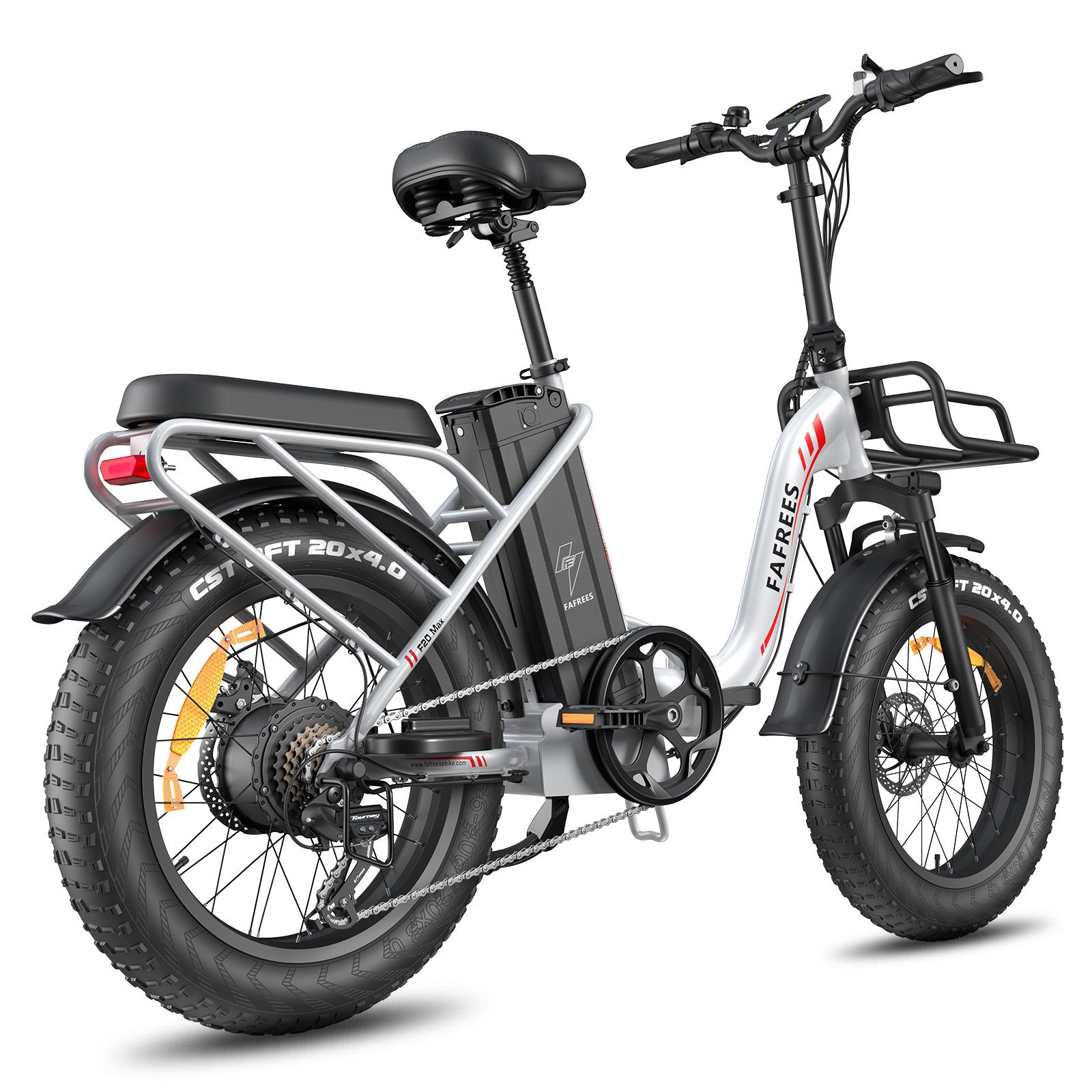 Vélo électrique pliable blanc, selle et pneus noirs. Logo FAFREES visible. Porte-bagages.