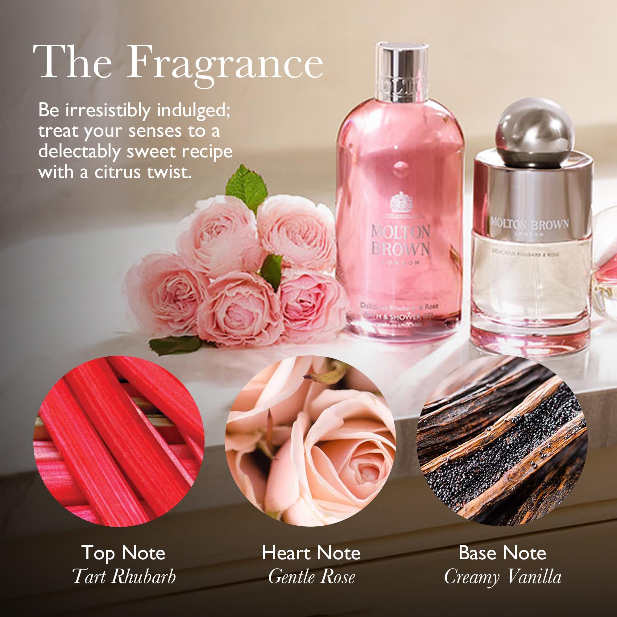 Bougie parfumée Molton Brown aux notes de rhubarbe et de rose.