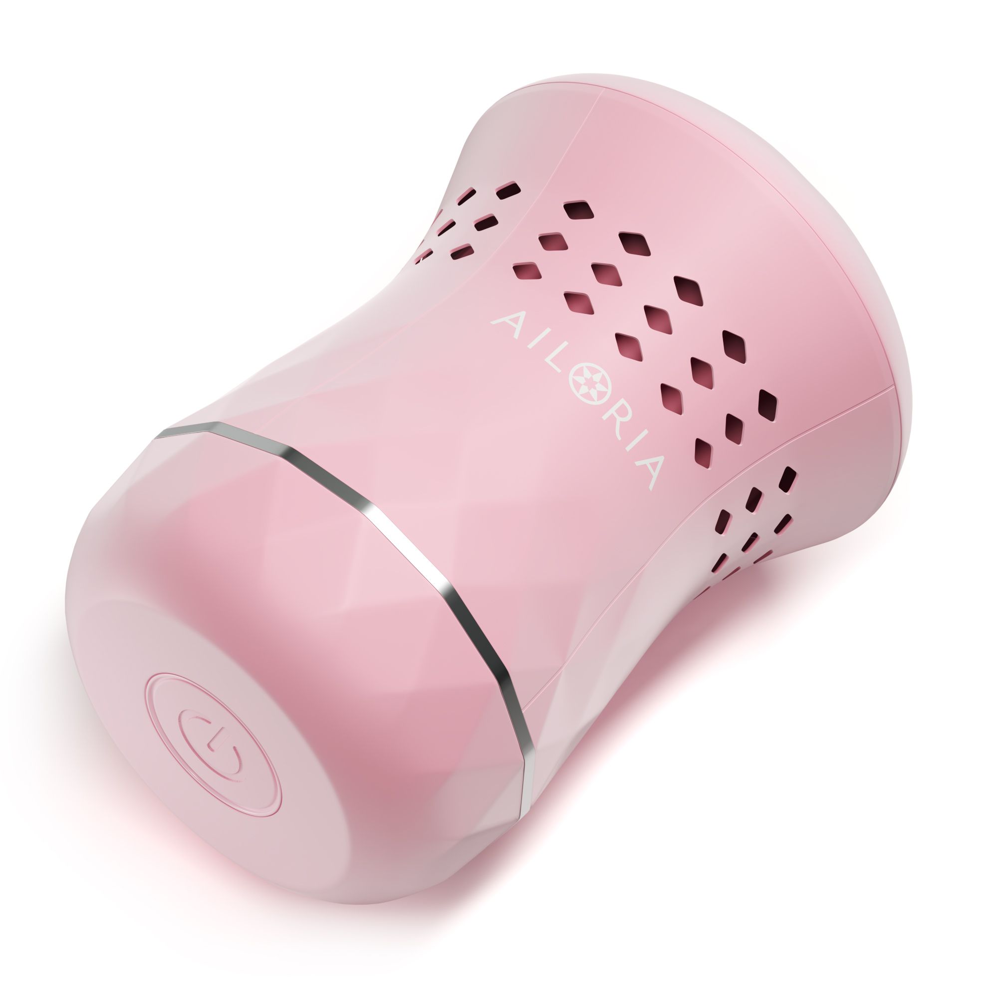 Appareil électrique rose pour enlever la corne. Design en losanges, détail argenté. Fentes d'aération et bouton d'alimentation.