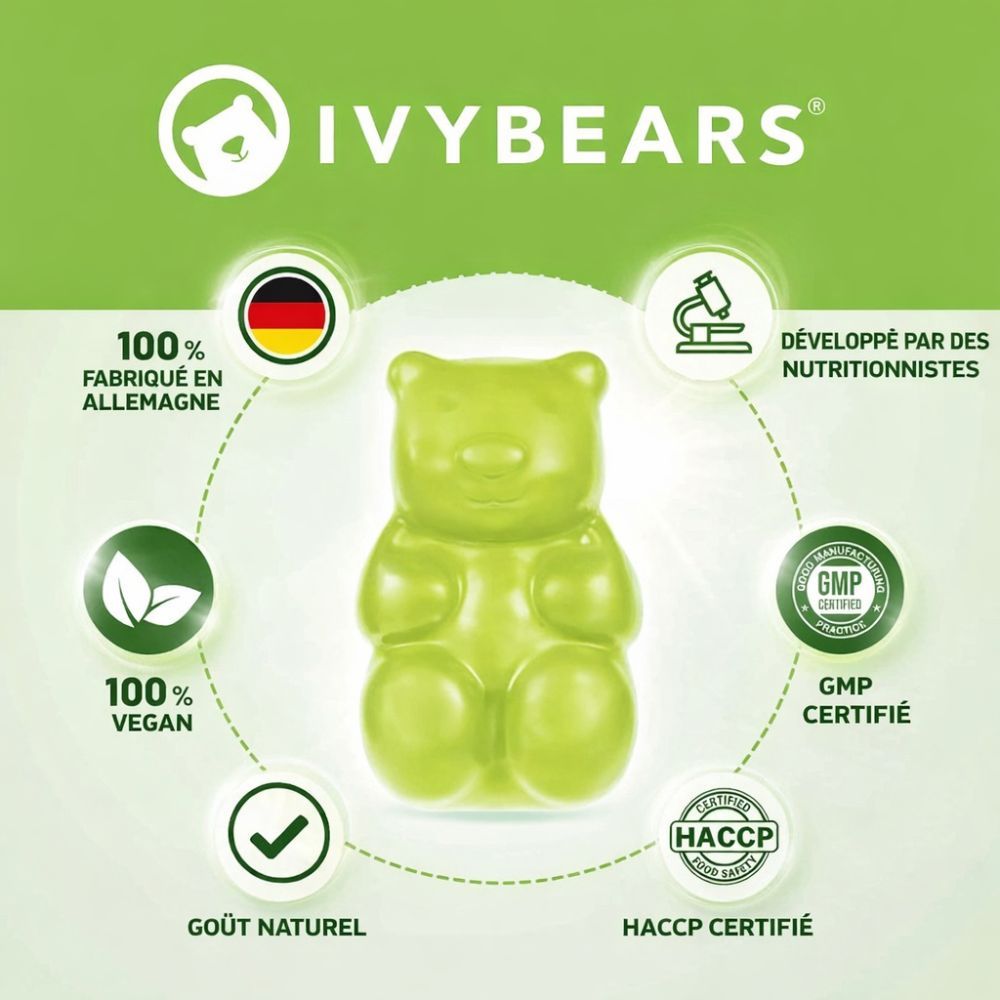 Ours en gélatine vert avec logos et textes. Logos: "IvyBears", "100% Fabriqué en Allemagne", "100% Vegan", certification GMP, certification HACCP, goût naturel.