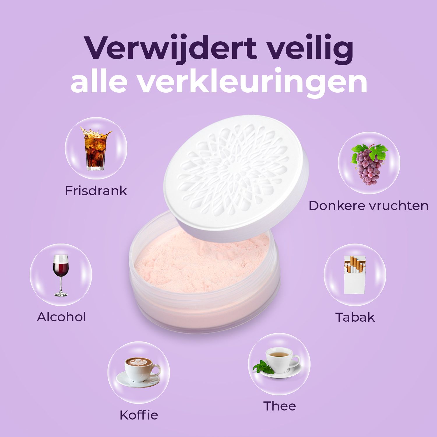 Tandbleekpoeder met deksel. Verwijdert vlekken van dranken en genotmiddelen.