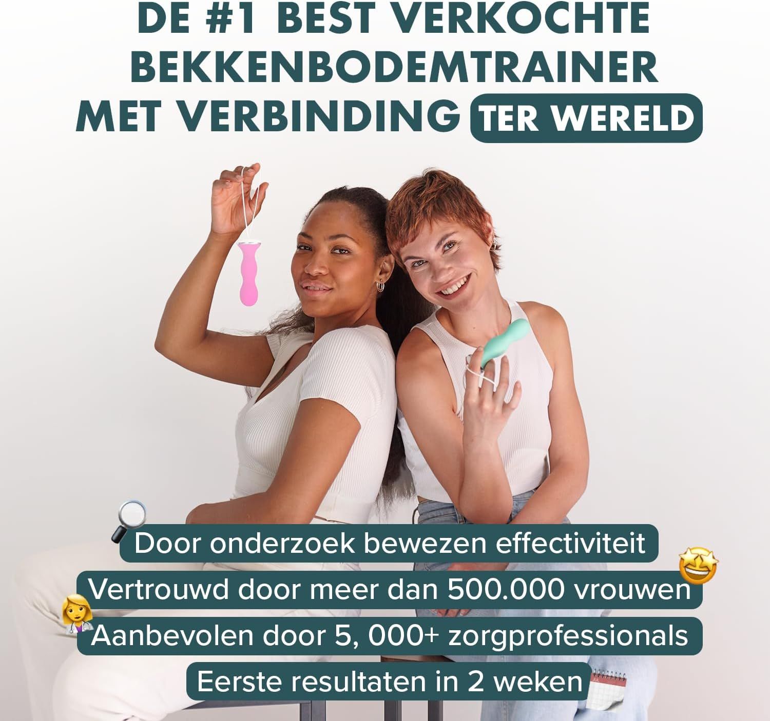 Twee vrouwen met Perifit Care bekkenbodemtrainers, bewezen effectiviteit, aanbevolen door professionals.