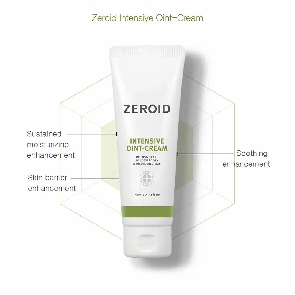 Witte en groene tube ZEROID INTENSIVE OINT-CREAM met tekst en diagram. Tekst: Intensieve verzorging voor droge huid.