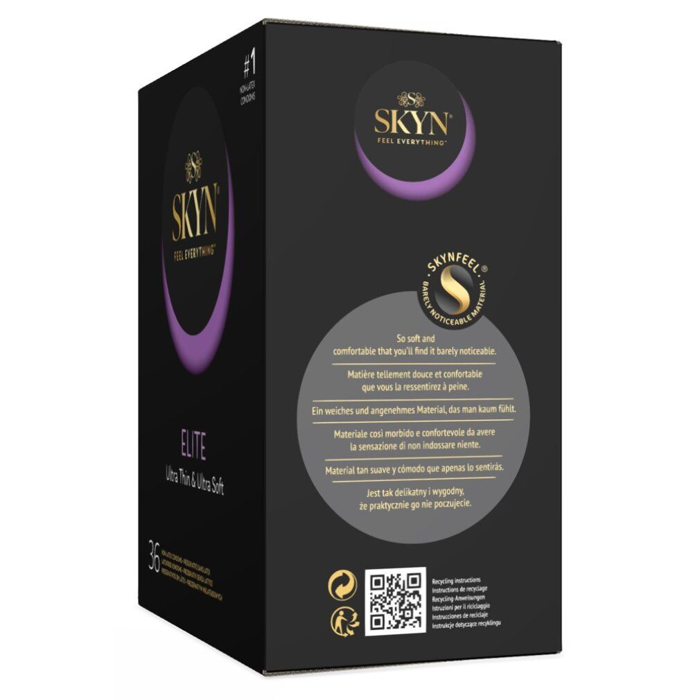 Verpakking SKYN Elite condooms. Opschrift: Ultra Thin & Ultra Soft. 36 stuks. Tekst: Zo zacht en comfortabel.