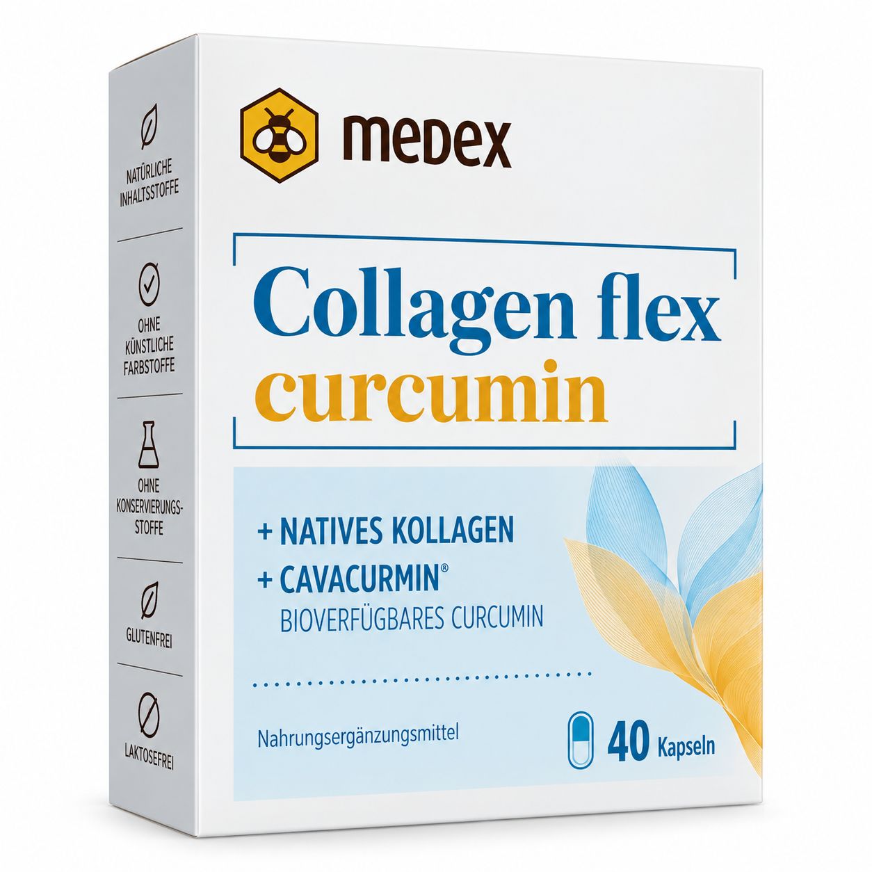 Medex Collagen flex Curcumin verpakking met zegels 'Natuurlijke ingrediënten', 'Glutenvrij', 'Lactosevrij'.