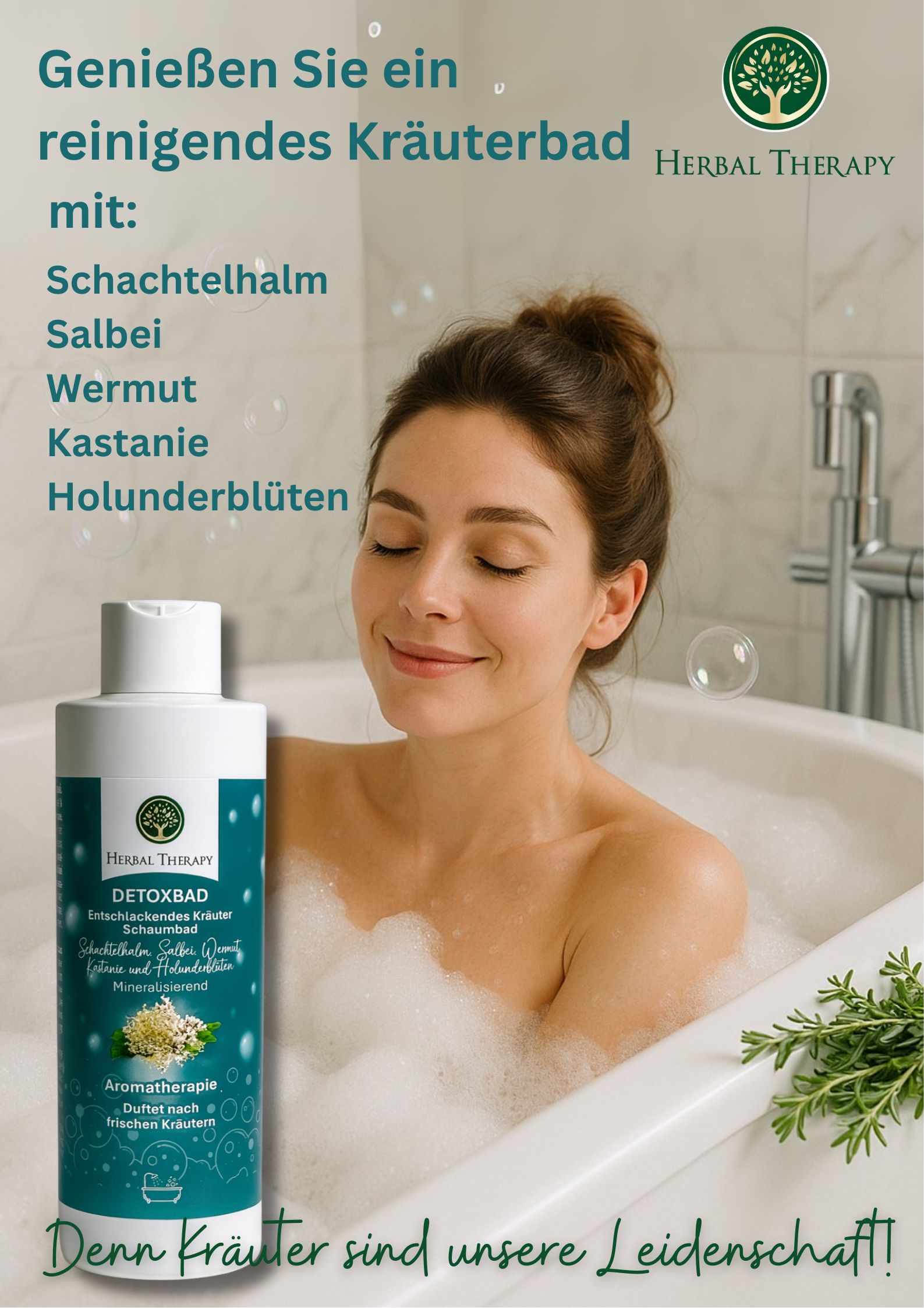 Bouteille verte avec bouchon blanc. Étiquette avec nom du produit, herbes et logo. Texte: Detoxbad, bain moussant aux herbes, aromathérapie. Femme dans le bain.
