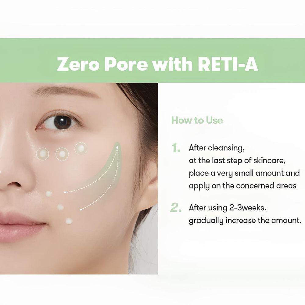 Visage avec instructions d'utilisation. Points de produit sur la peau. Texte: Zero Pore with RETI-A. Étapes d'utilisation.
