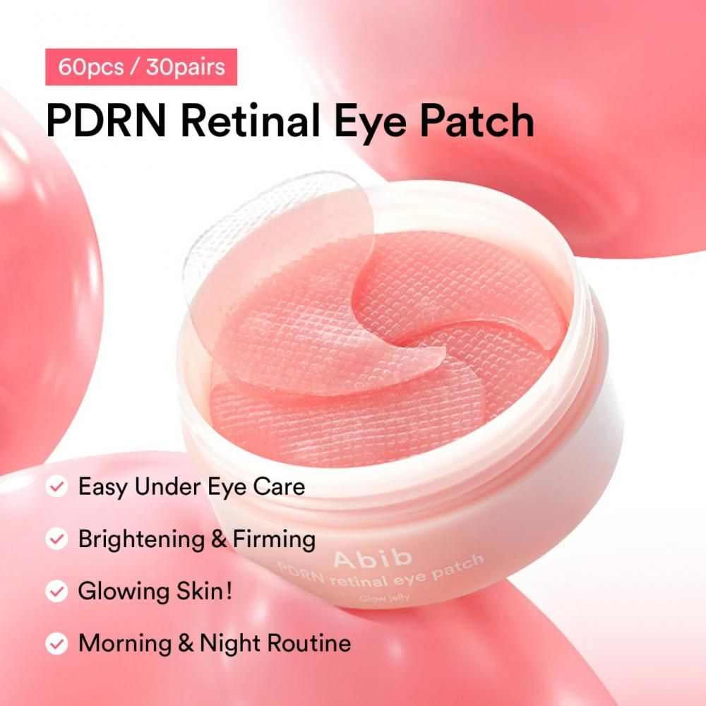 Pot ouvert avec patchs pour les yeux. Texte : PDRN Retinal Eye Patch. Texte : 60pcs/30pairs. Fond rose avec boules roses.
