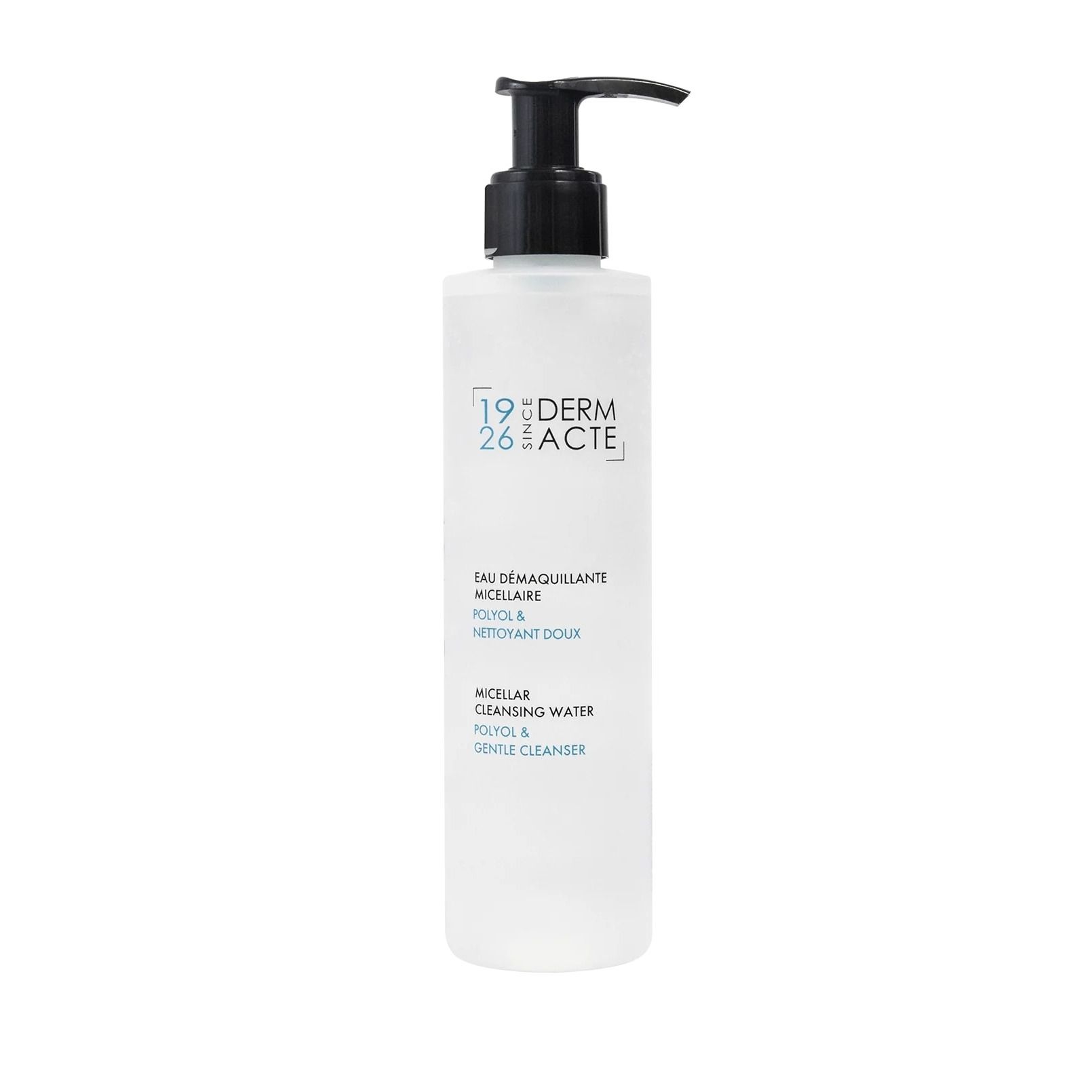 Transparante fles met zwarte pomp. Opschrift: 19 DERM 26 ACTE, Eau Demaquillante Micellaire, Micellar Cleansing Water.