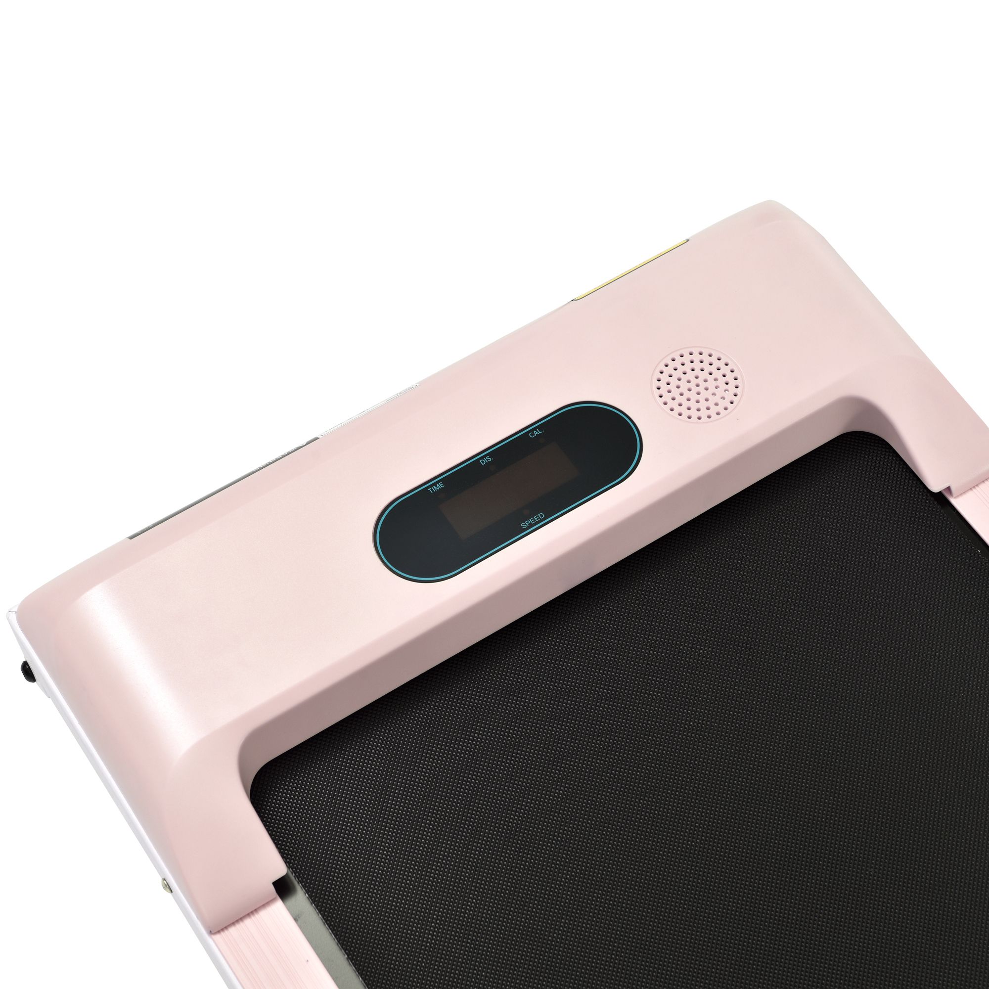 Close-up van het bedieningspaneel van de roze loopband. Digitaal display, luidspreker. Zwart loopvlak.