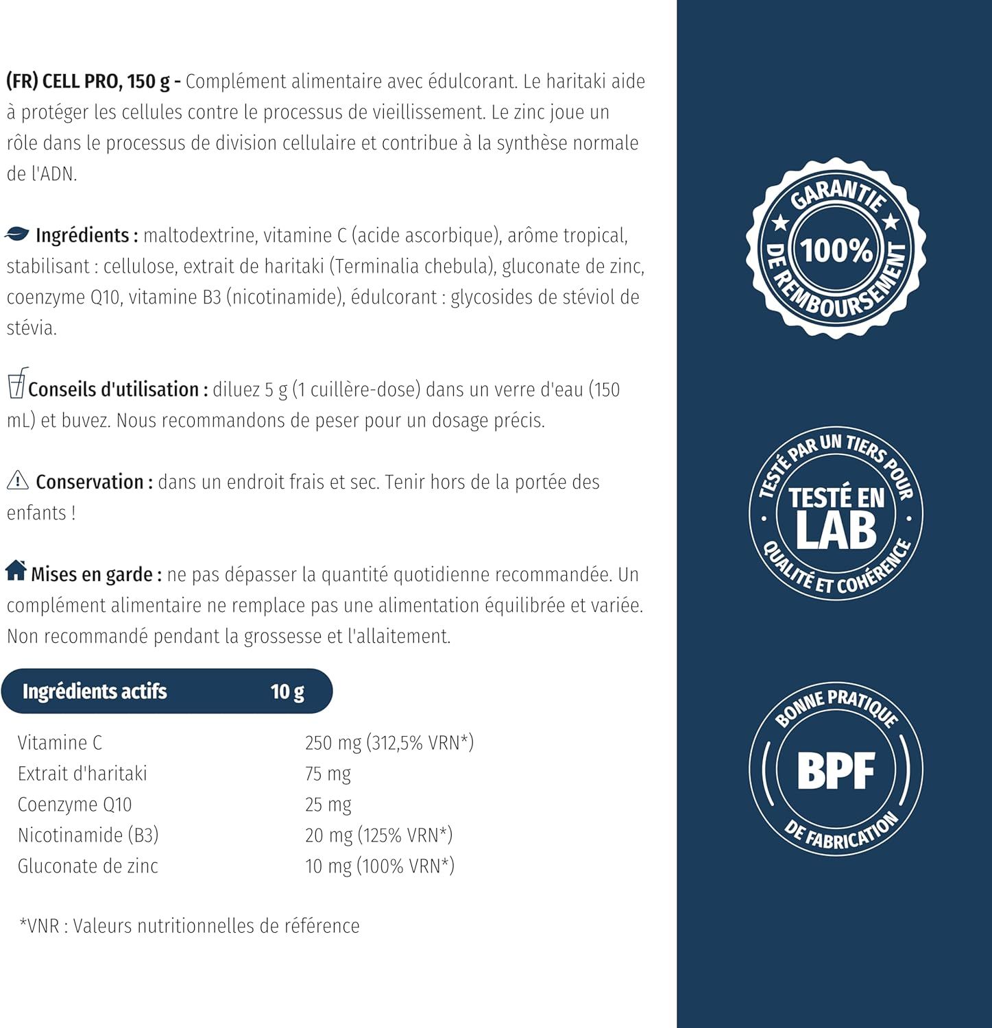 Boîte CELL PRO bleue. Inscription CELL PRO, Reverse Ageing Supplement. 150g. Texte : Anti-âge au niveau cellulaire.