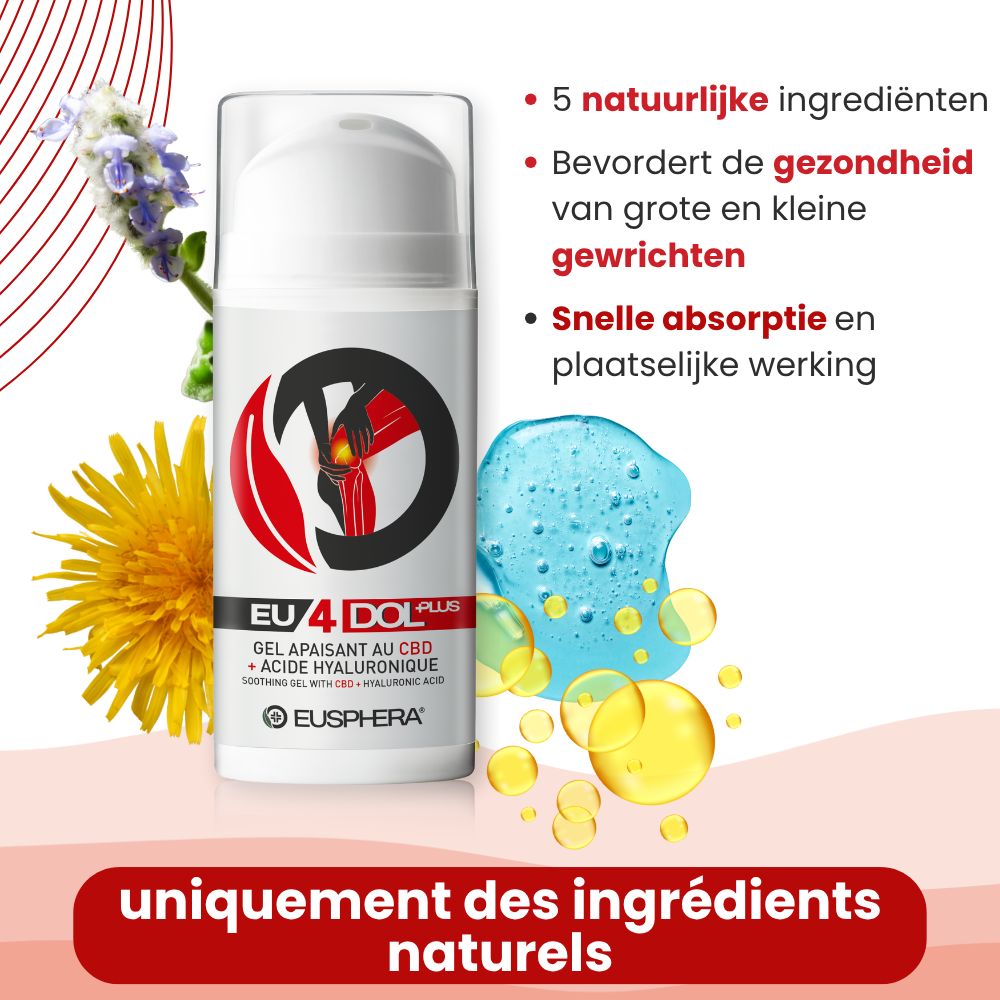 Fles met tekst en ingrediënten. Tekst: EU4DOL Plus, Eusphera. 5 natuurlijke ingrediënten.