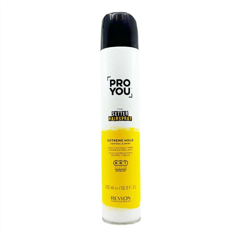 Witte haarspraybus met zwarte dop. Opschrift: PRO YOU, THE SETTER HAIRSPRAY, EXTREME HOLD. Merk: Revlon.