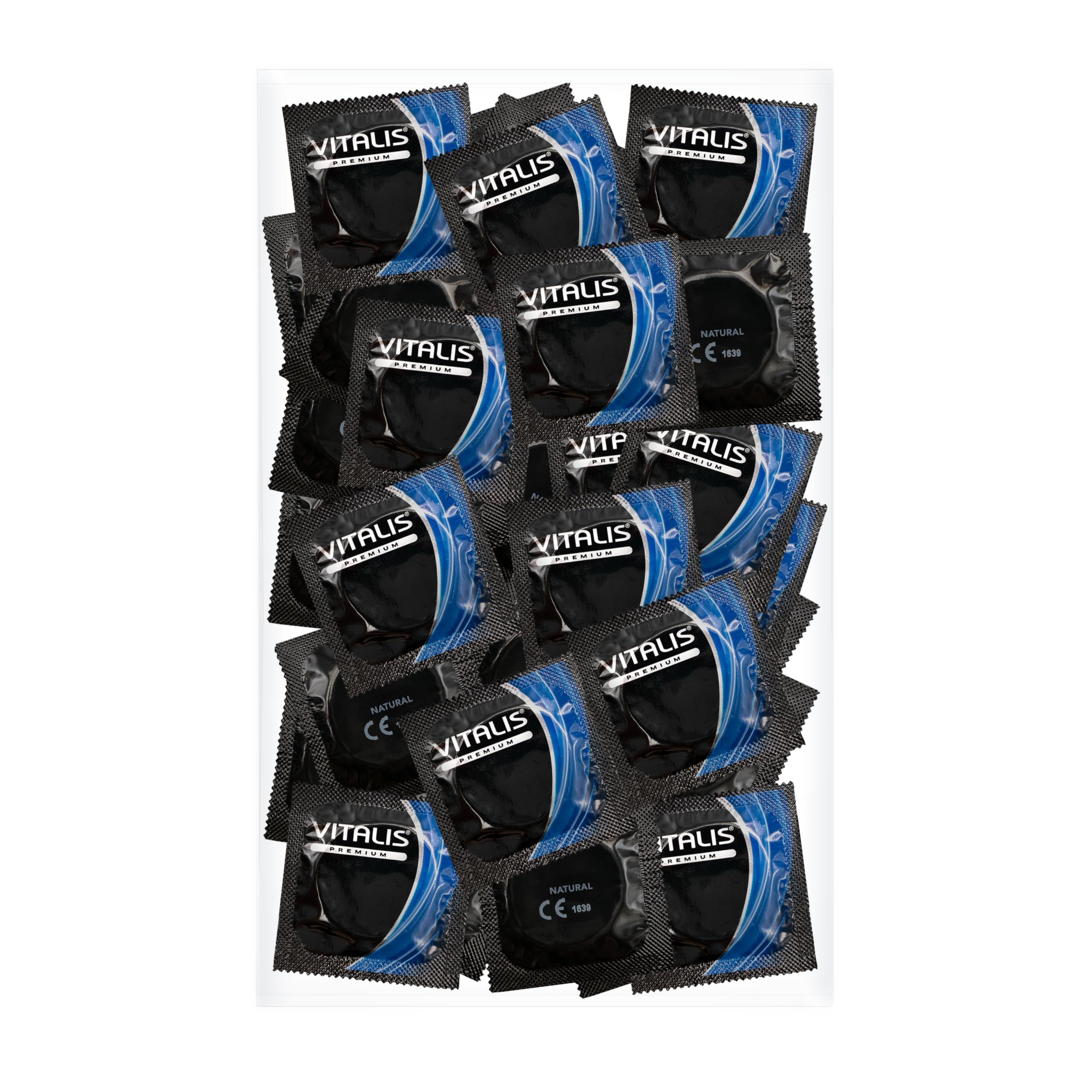 Verpakking met veel individueel verpakte condooms, Vitalis PREMIUM Natural, CE-markering.