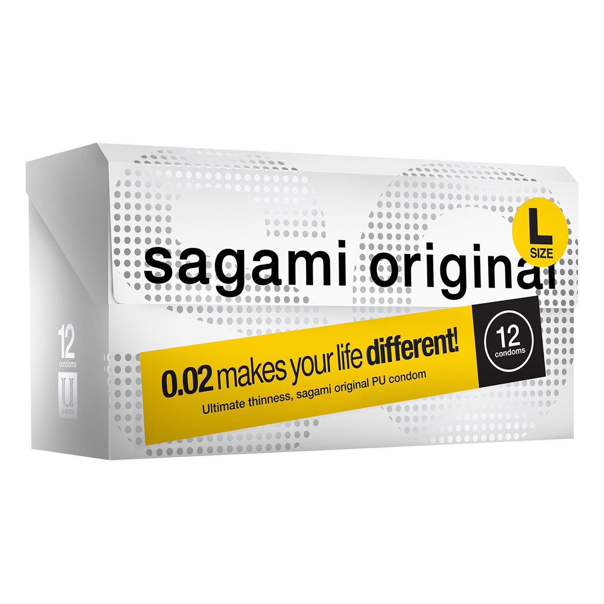 Boîte blanche avec texte "sagami original". Bande jaune avec texte et "12 condoms". Indication "L SIZE".