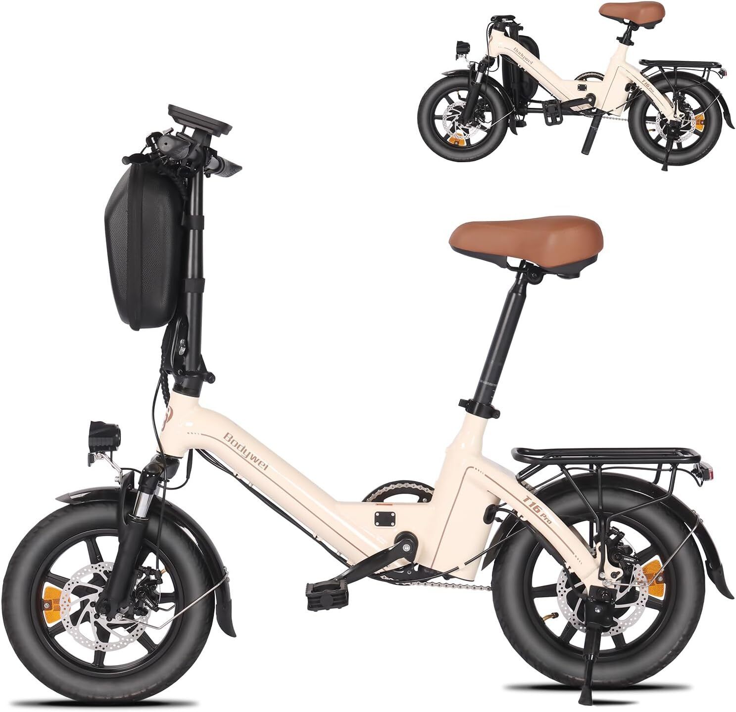 Opvouwbare elektrische fiets, crème, zwarte banden, bruin zadel. Bagagedrager, spatborden, schijfremmen. Extra kleine afbeelding.