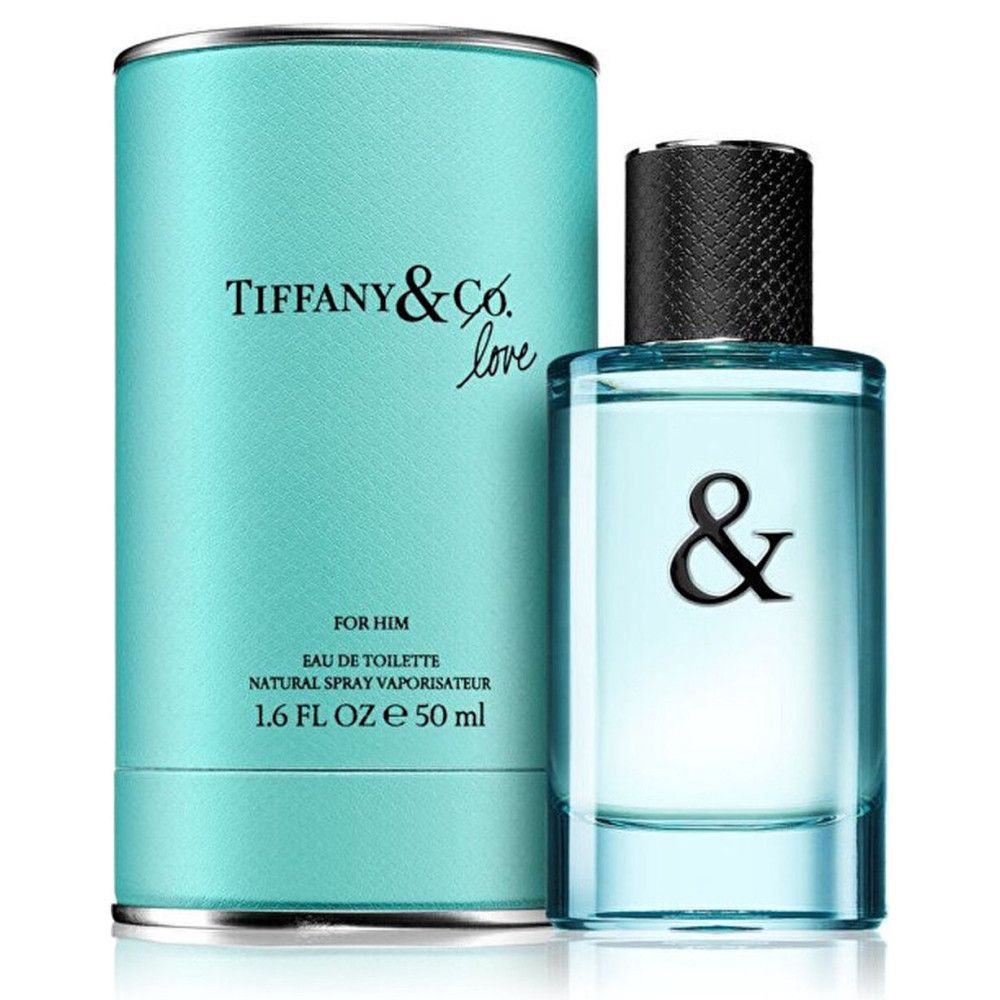 Turquoise verpakking en fles. Fles met zwarte dop en & symbool. Opschrift: Tiffany & Co. Love.