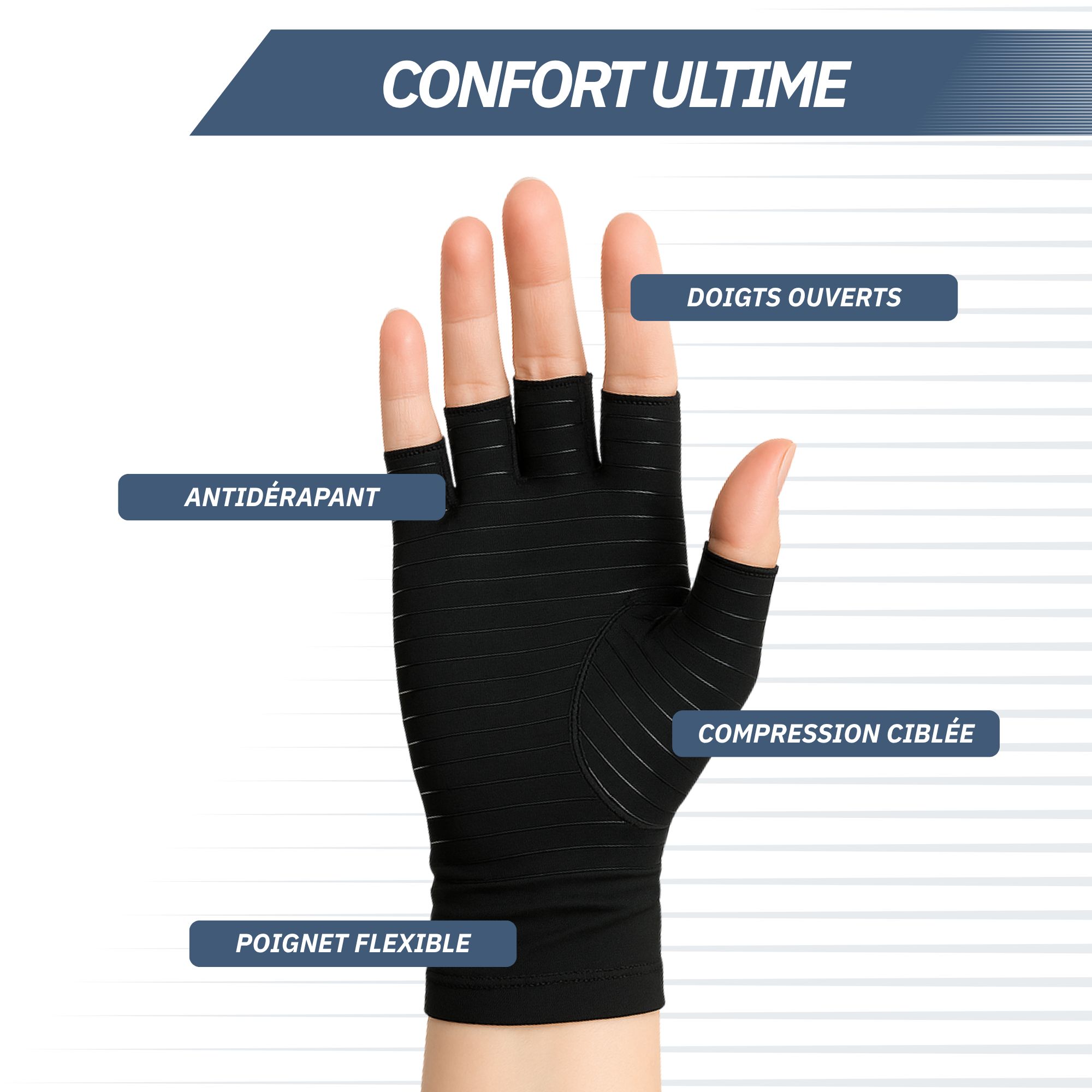 Gants de compression gris à doigts ouverts et poignets souples.