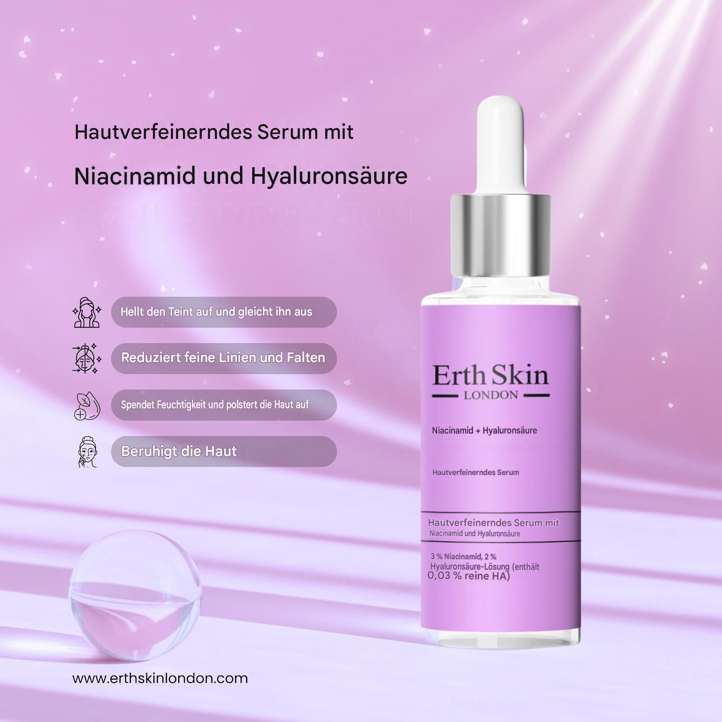 Huidverfijnend serum met Niacinamide en Hyaluronzuur van Erth Skin London, 30ml fles.