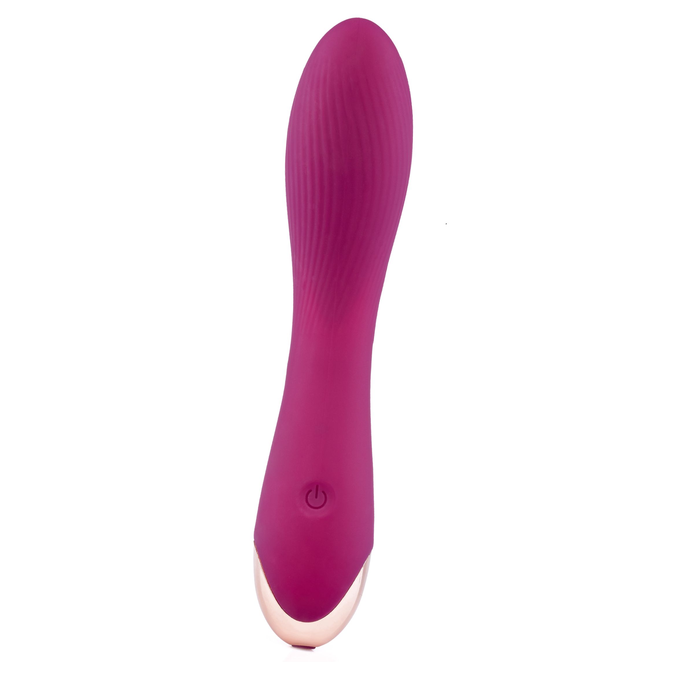 Jouet sexuel rose avec surface cannelée et base arrondie. Avec un bouton et un accent doré.