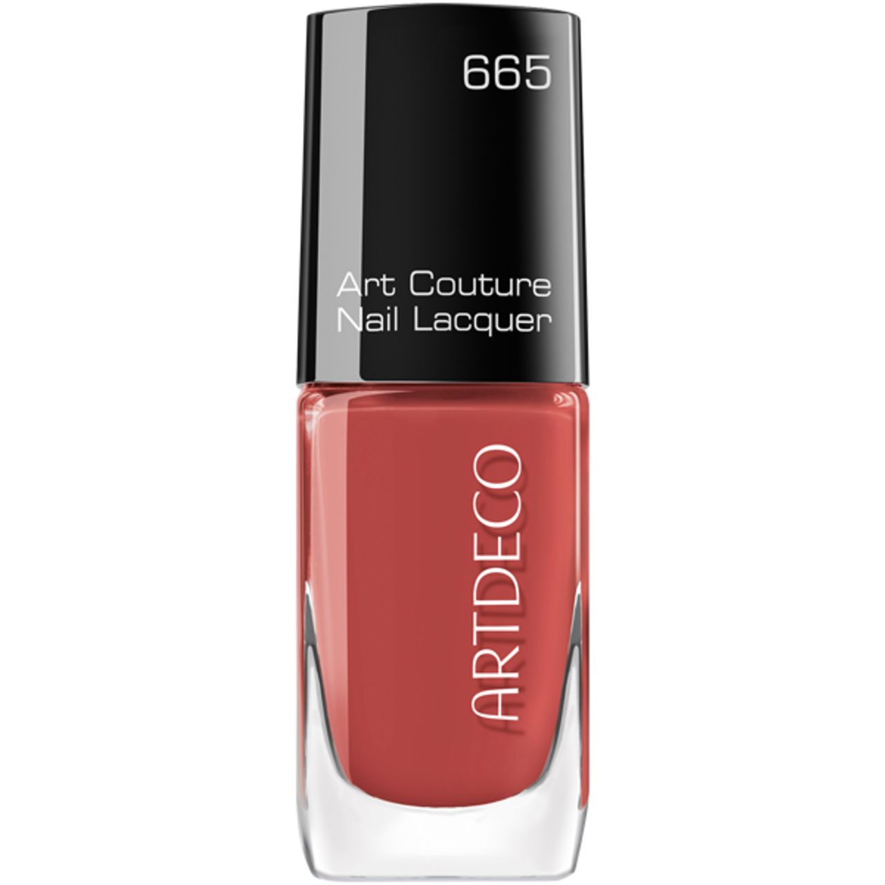 Nagellakfles, roodbruine kleur, zwarte dop. Opschrift: Artdeco, Art Couture Nail Lacquer, 665.