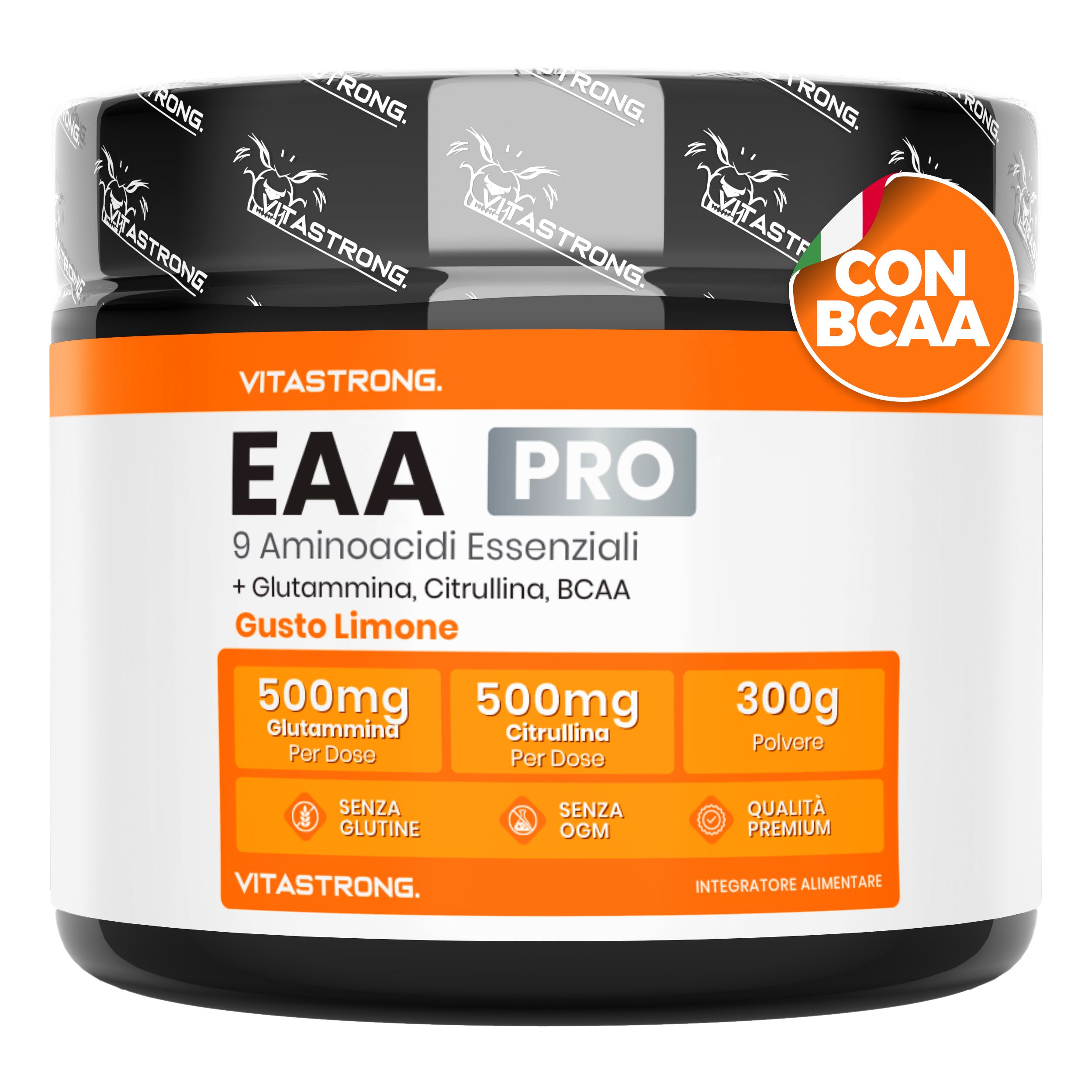 Vitastrong EAA PRO Citron. Pot de poudre, 300g. Contient 9 acides aminés essentiels. Avec BCAA et goût citron.