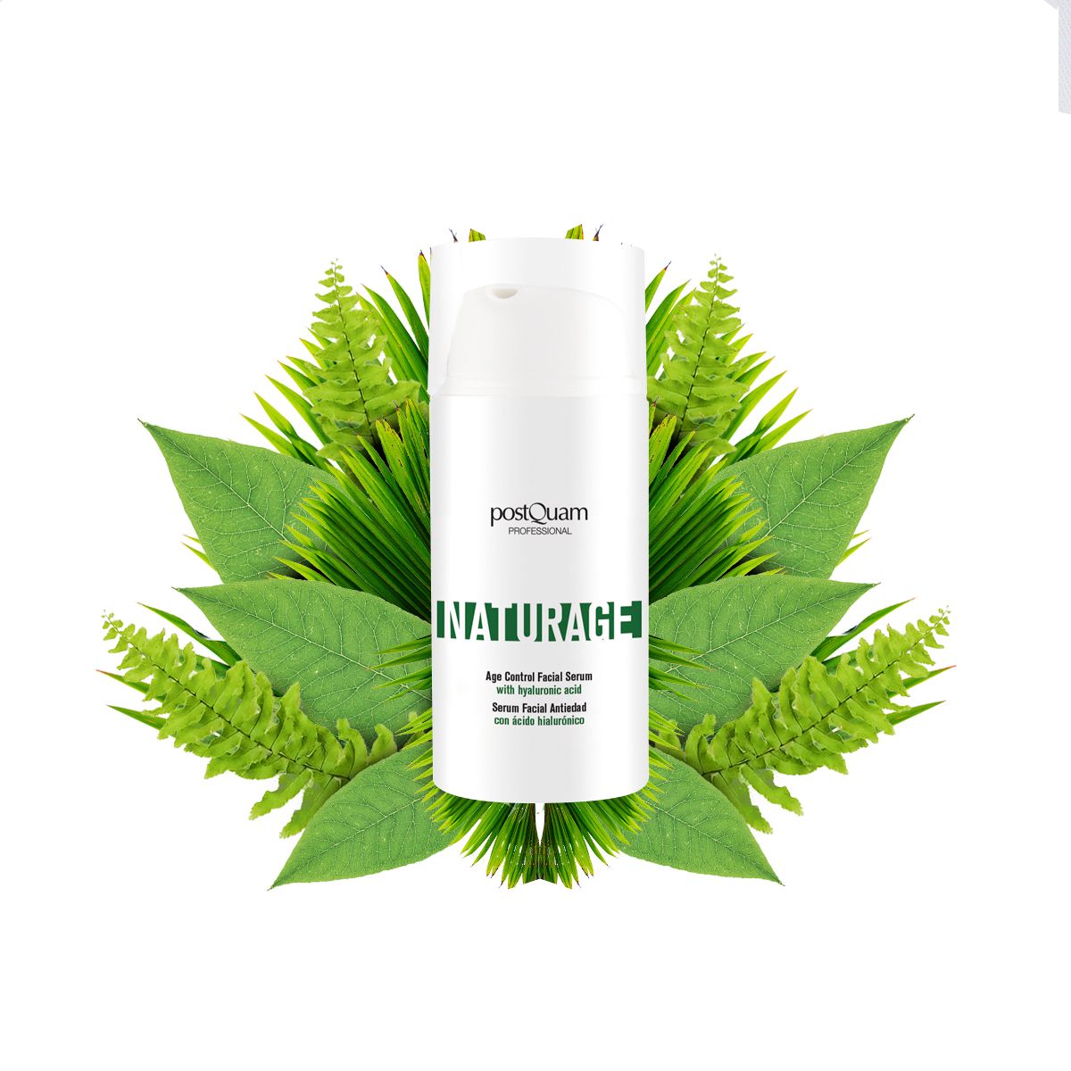 Witte serumfles omringd door groene bladeren. Opschrift: Postquam, INATURAGE, Age Control Facial Serum.