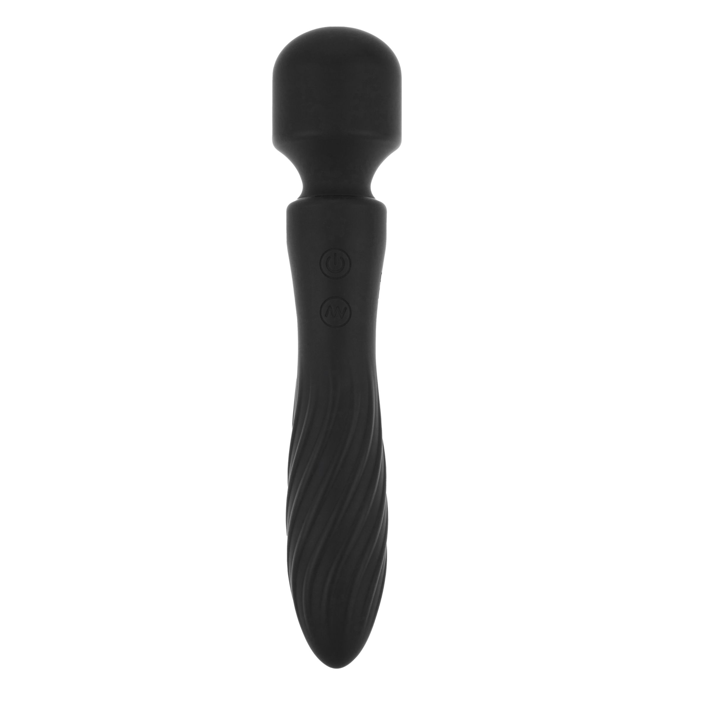 Masseur noir avec tête arrondie et manche cannelé. Deux boutons sont visibles.