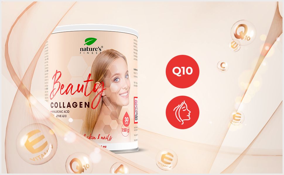 Boîte Nature's Finest Beauty Collagen. Inscriptions : collagène, acide hyaluronique, Q10. Cercles rouges avec Q10 et profil.