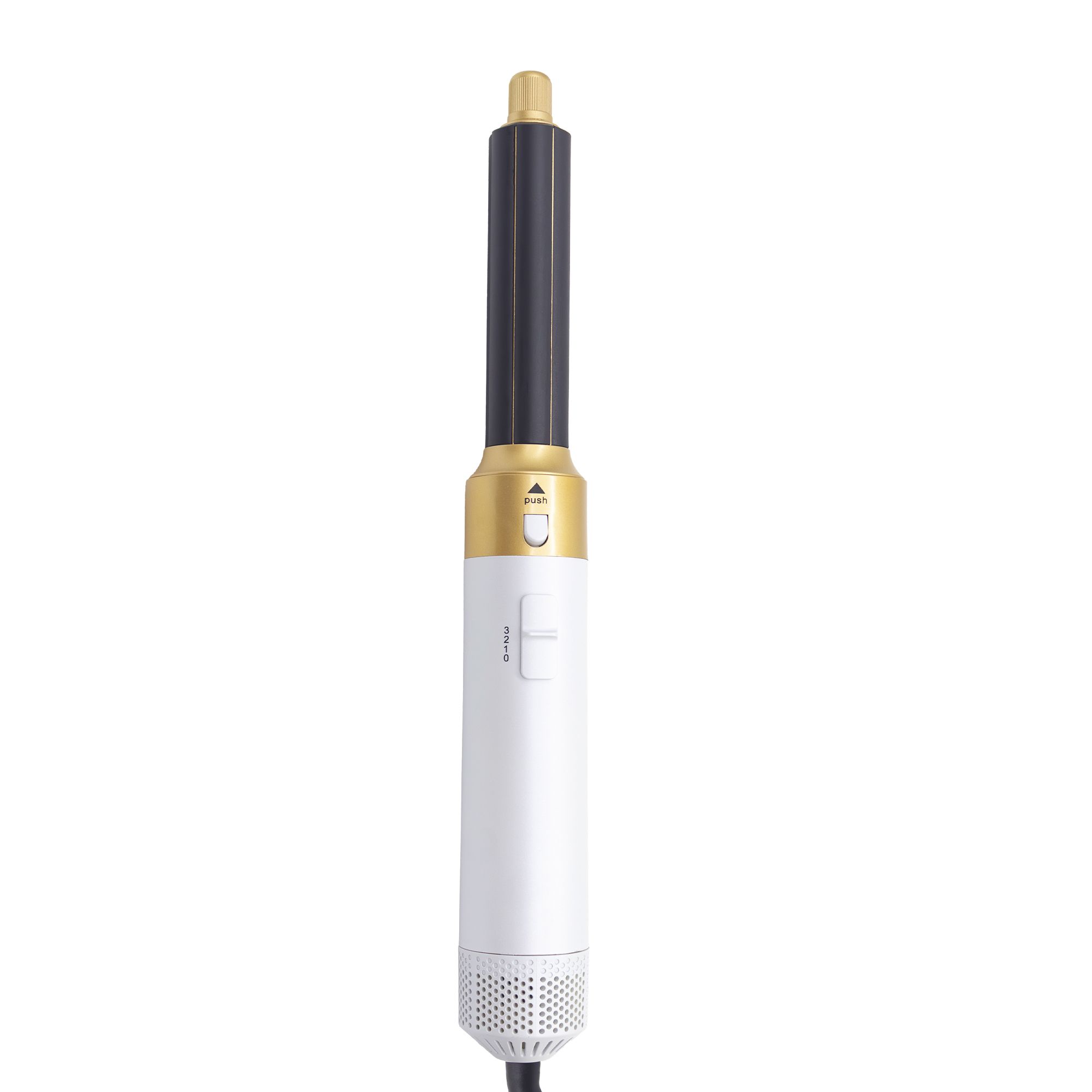 Erth Beauty 5-in-1 Airflow. Wit apparaat met zwarte opzetstuk. Gouden accenten. Stroomkabel.