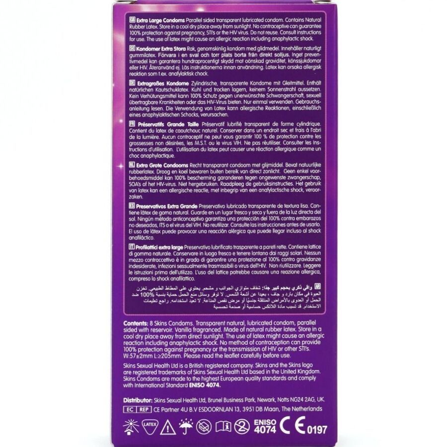 Dos de la boîte de préservatifs SKINS Extra Large. Informations en plusieurs langues. Ingrédients et certifications.