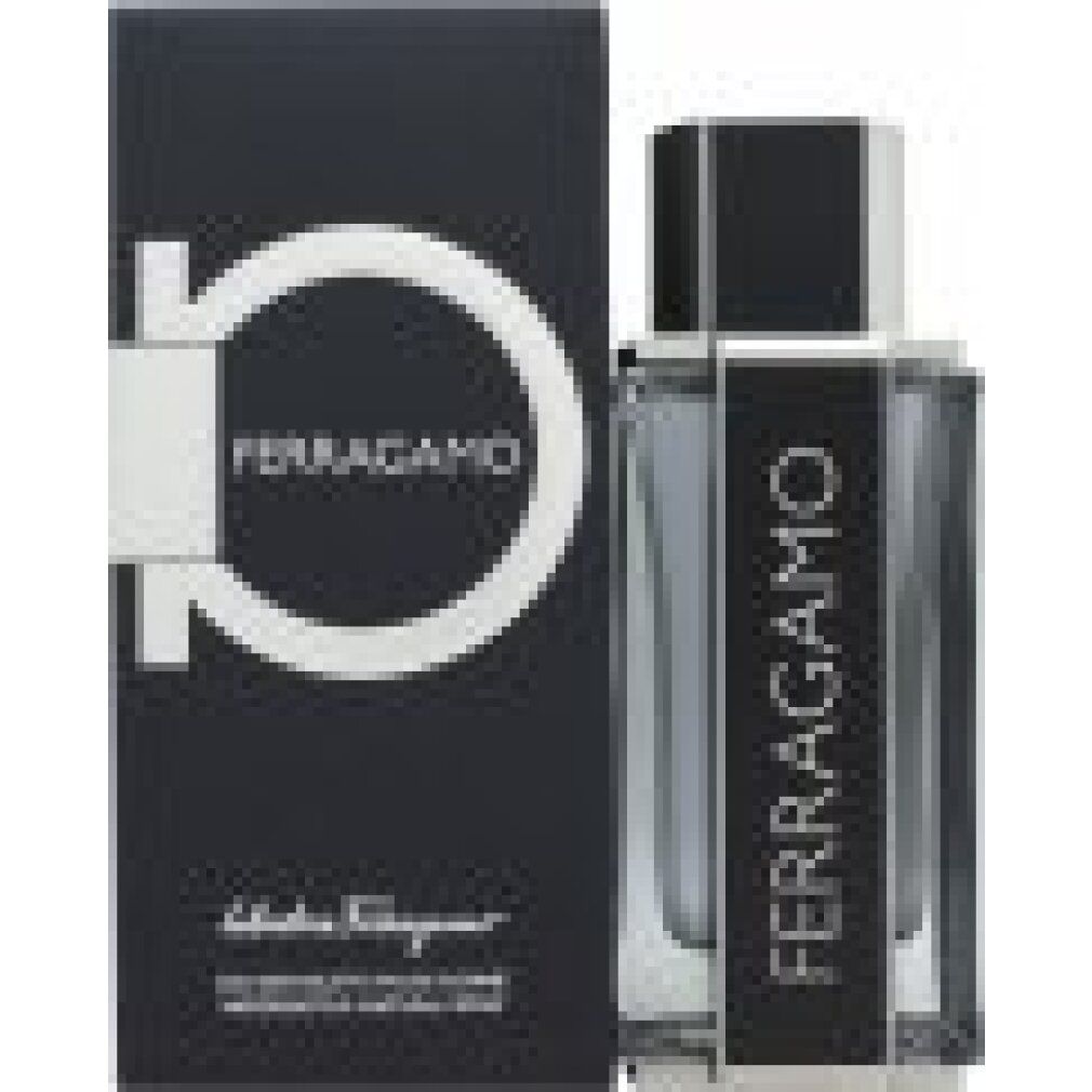 Flacon et boîte. Boîte noire avec logo Ferragamo blanc. Flacon avec inscription Ferragamo.