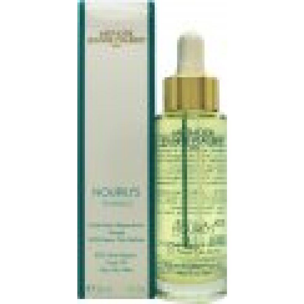 Flacon en verre et emballage carton. Liquide jaune. Bouchon doré. Inscription: Nourilys, SOS Nutri-Repair Face Oil.