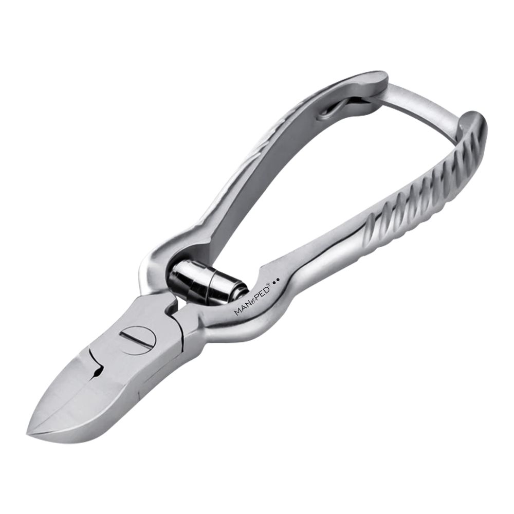 Pince à ongles en métal. Logo MAN-PED visible. Poignées ergonomiques striées. Pour l'entretien des ongles.