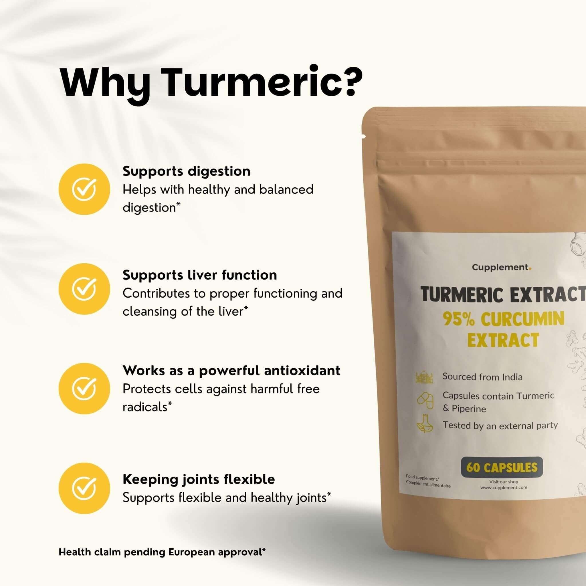 Sachet de gélules. Texte : Turmeric Extract 95% Curcumin Extract. 60 gélules. Soutient la digestion, le foie, antioxydant.
