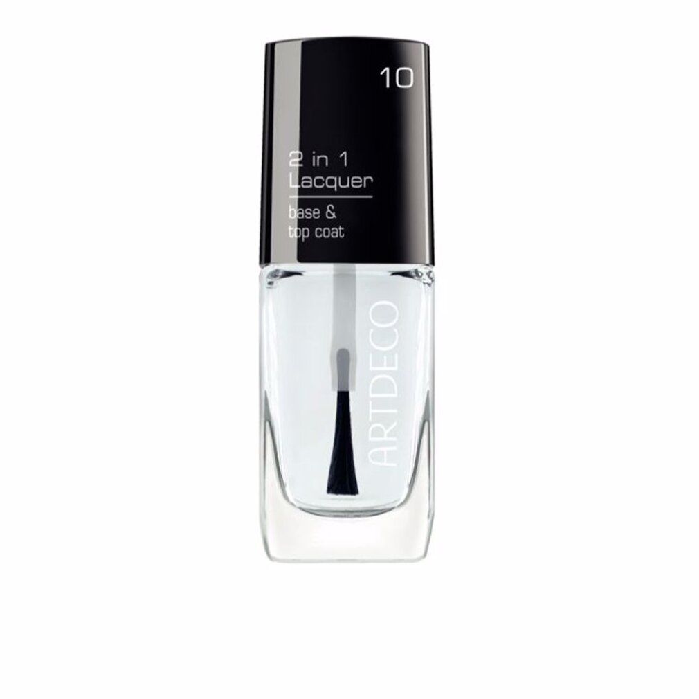 Flacon de vernis à ongles transparent avec bouchon noir. Inscription: 2 en 1 Lacquer Base & Top Coat. Marque ARTDECO.