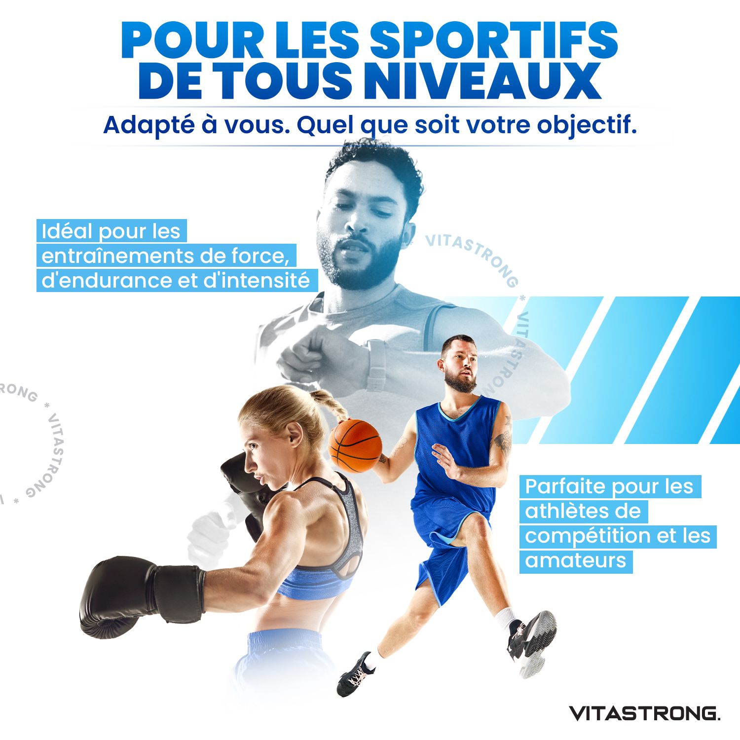 Sporters van verschillende disciplines. Tekst: Voor sporters van alle niveaus. Ideaal voor krachttraining.