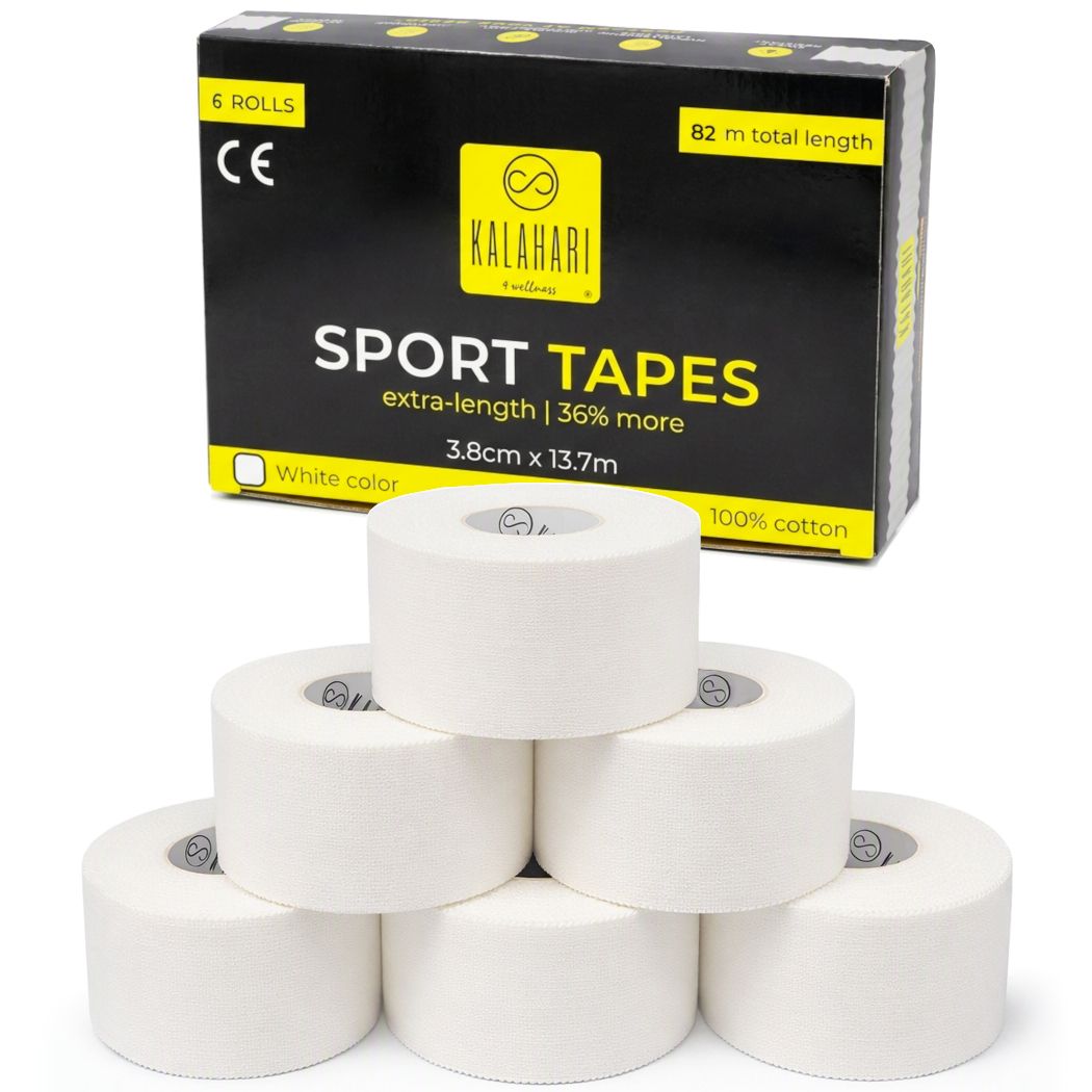 Six rouleaux de ruban de sport blanc, 100% coton, 3.8cm x 13.7m, dans une boîte.