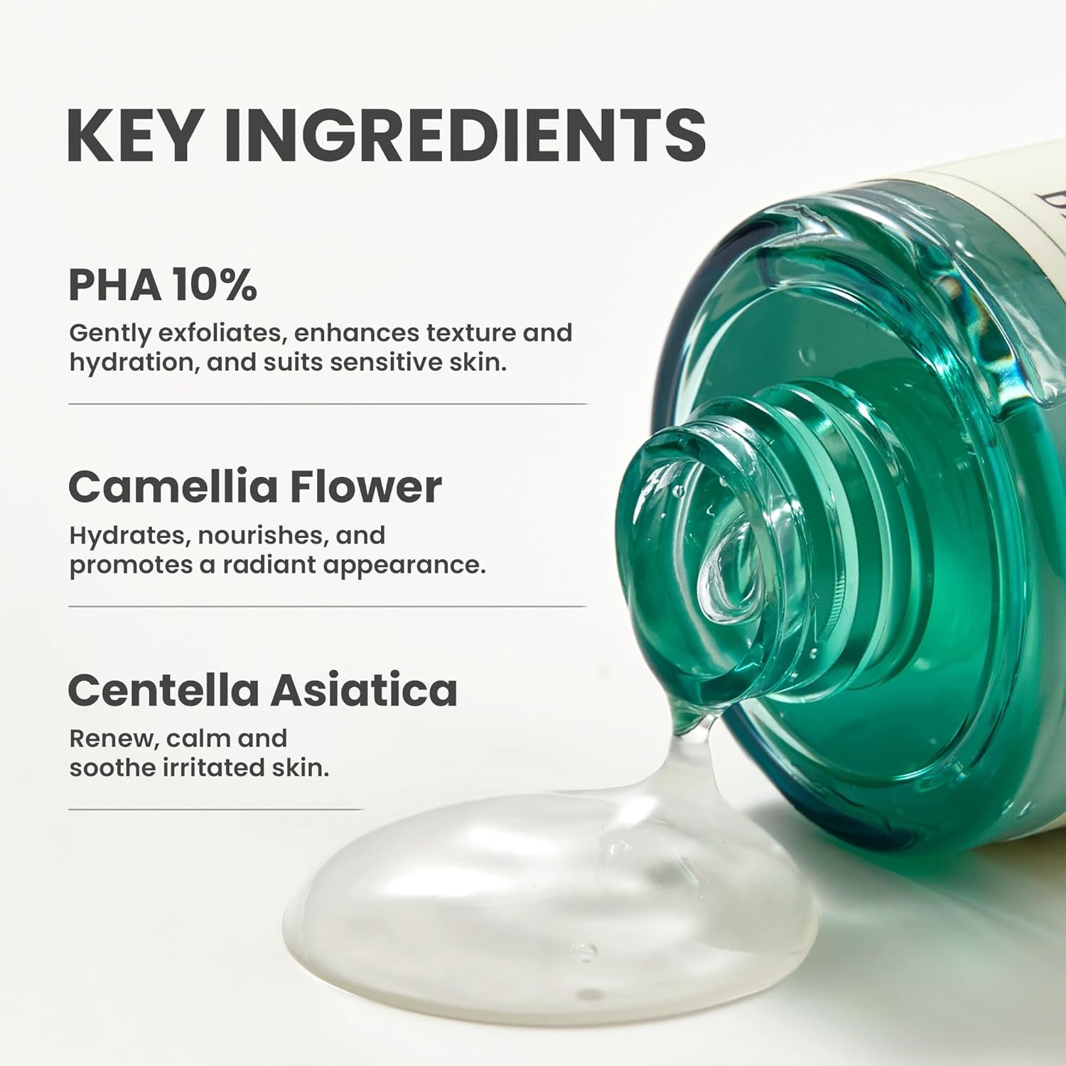 Productfles met ingrediënten: PHA 10%, Cameliabloem, Centella Asiatica. Tekst: Key Ingredients.