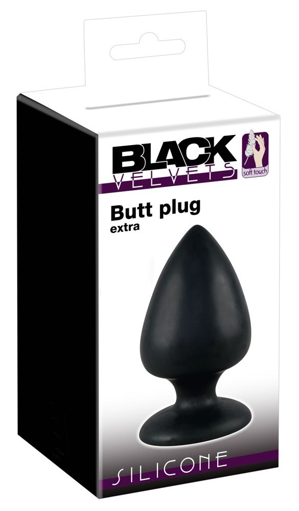 Verpakking voor een zwarte siliconen anale plug met zuignap.