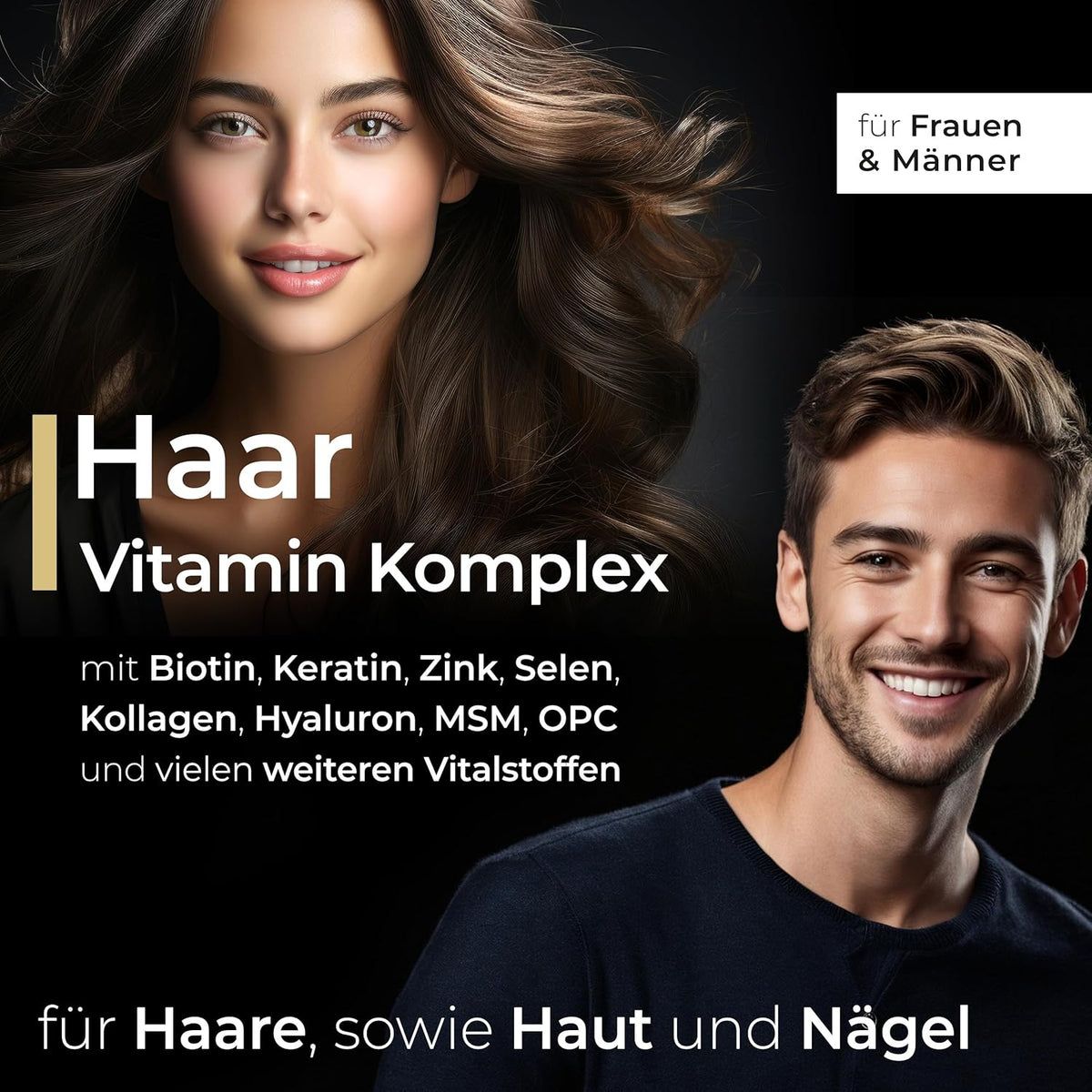 Reclamebeeld met vrouw en man. Tekst: Haar Vitamin Komplex. Voor haar, huid en nagels. Zwarte achtergrond.