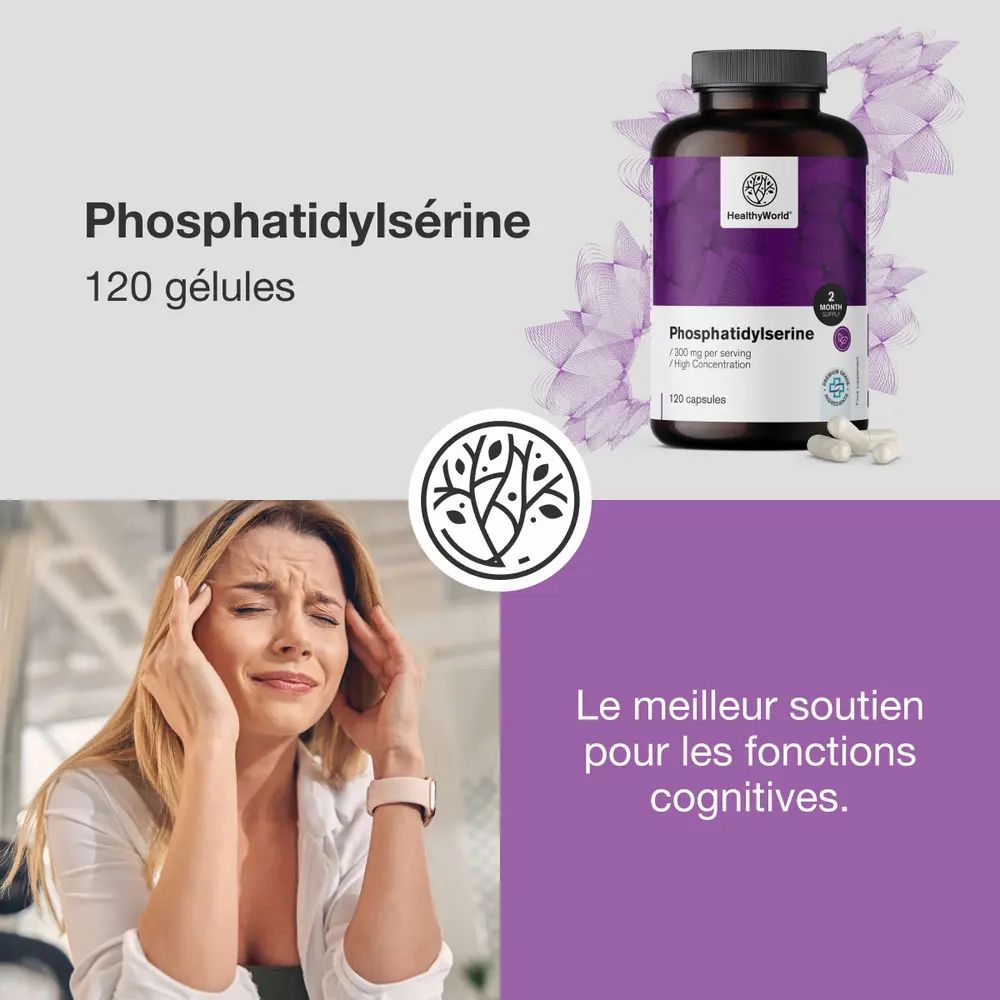 Femme avec maux de tête, à côté texte : "Meilleur soutien pour les fonctions cognitives". Bouteille de phosphatidylsérine.