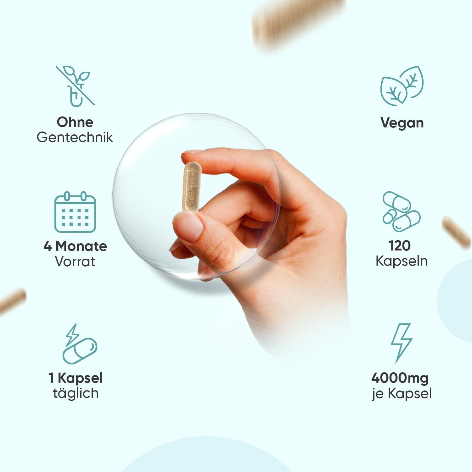 Hand houdt een capsule vast. Symbolen: Zonder genetische manipulatie, 4 maanden voorraad, Vegan, 120 capsules, 1 capsule per dag, 4000mg per capsule.